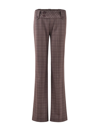 The KITTIE PANT - BROWN : CHOCOLATE CHECK from TIGERMIST is a pair of brown plaid women's trousers with a high-waisted design. They feature wide legs, button details, and a folded waistband. The plaid pattern consists of intersecting white and darker brown lines. The trousers are displayed on a plain white background.