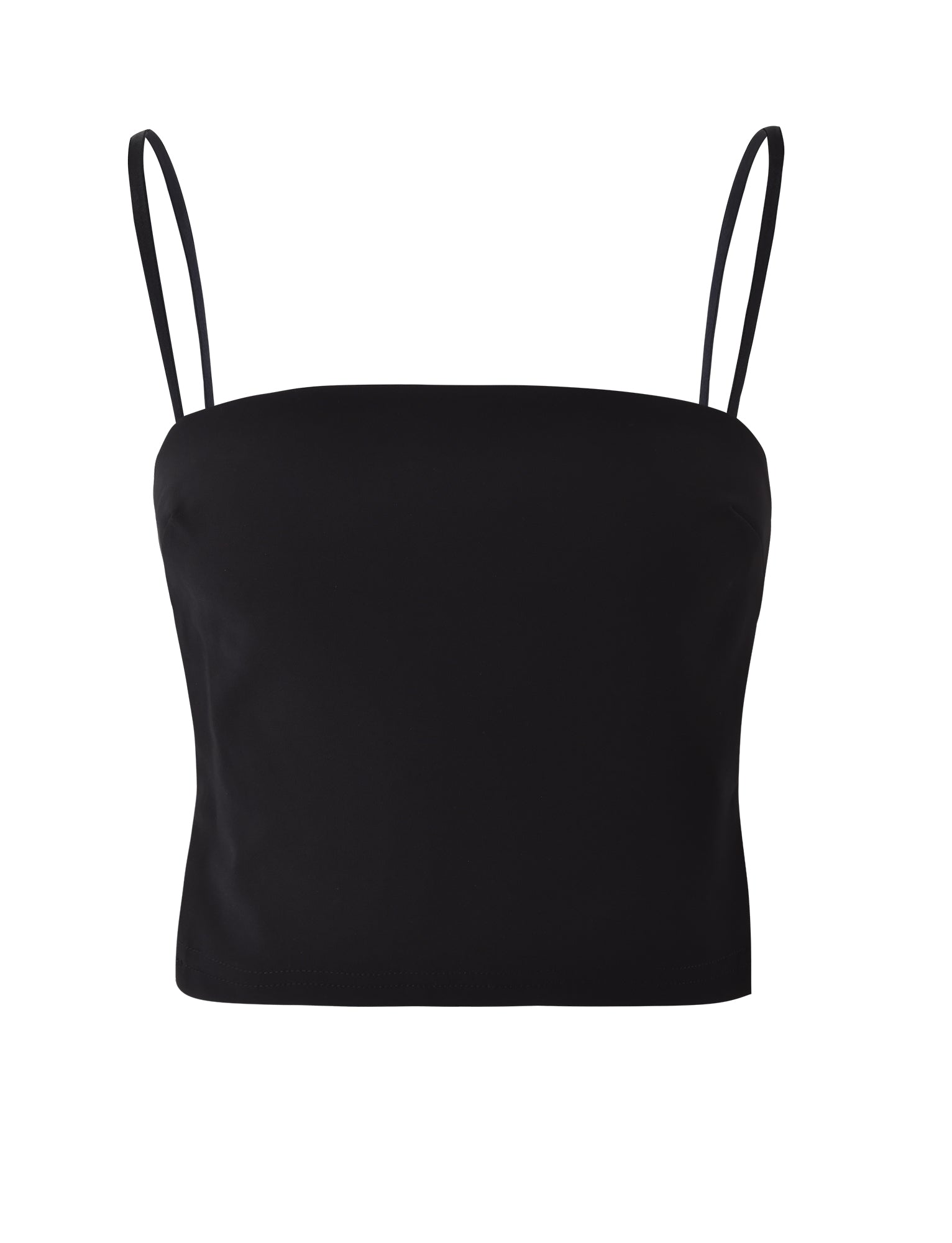 Introducing the NAYSHA TOP - BLACK from TIGERMIST, a black sleeveless crop top with spaghetti straps and a straight neckline, showcasing a simple and minimalist design. The fabric is smooth and fitted, offering a sleek appearance. The product is displayed against a plain white background.
