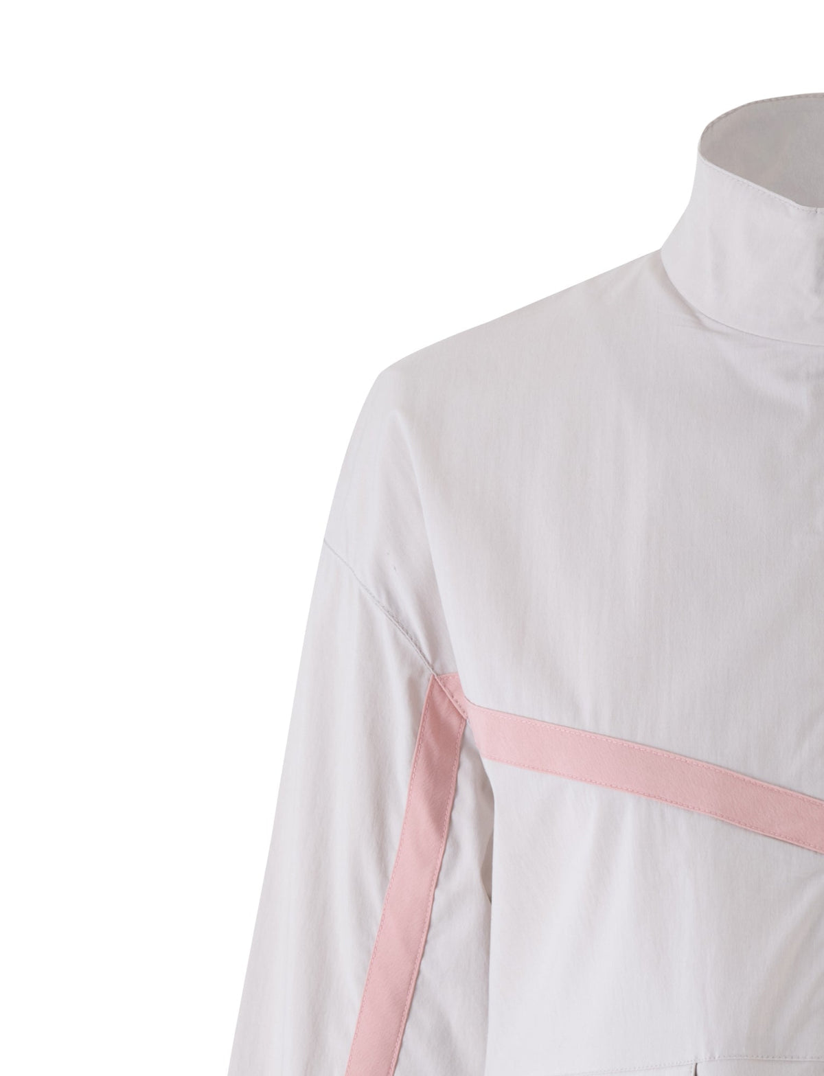 Close-up of the upper section of a TIGERMIST KAHANNA JACKET in Dove Grey with pale pink diagonal and vertical stripes across the chest and shoulder. The jacket features a high collar and appears to be made of light fabric. Only part of the shoulder and chest are visible against a white background.