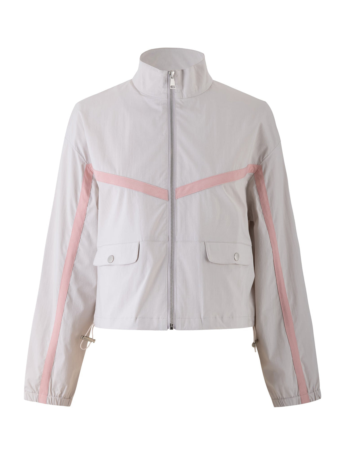 The TIGERMIST KAHANNA JACKET in Dove Grey is a lightweight, long-sleeve windbreaker featuring pink stripe accents running from the shoulders down the arms. It boasts a high collar, front zipper closure, two flap pockets with buttons, and adjustable drawstrings at the hem.