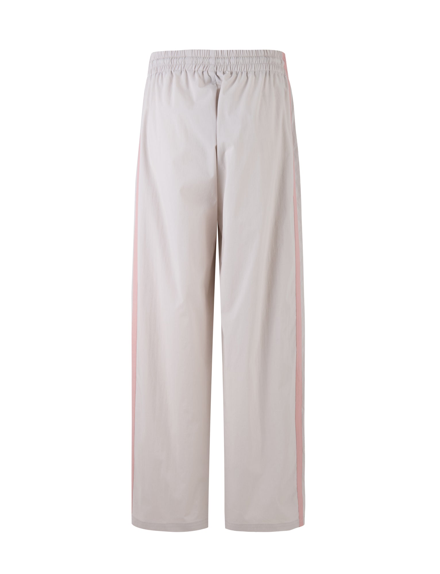 A stylish pair of Dove Grey athletic pants from TIGERMIST, known as the KAHANNA PANT, featuring an elastic waistband and a pink stripe running down the sides. The back view is showcased in detail against a white background.