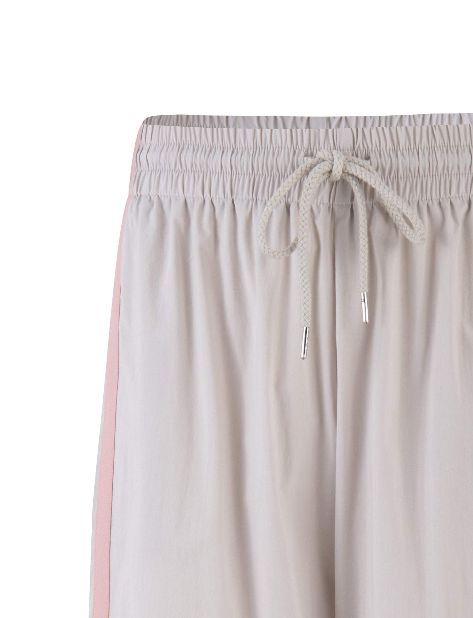 TIGERMIST KAHANNA PANT in Dove Grey featuring vibrant pink side stripes and an elastic waistband with a front-tied drawstring. The close-up image highlights the upper portion, showcasing the fabric texture and detailing.