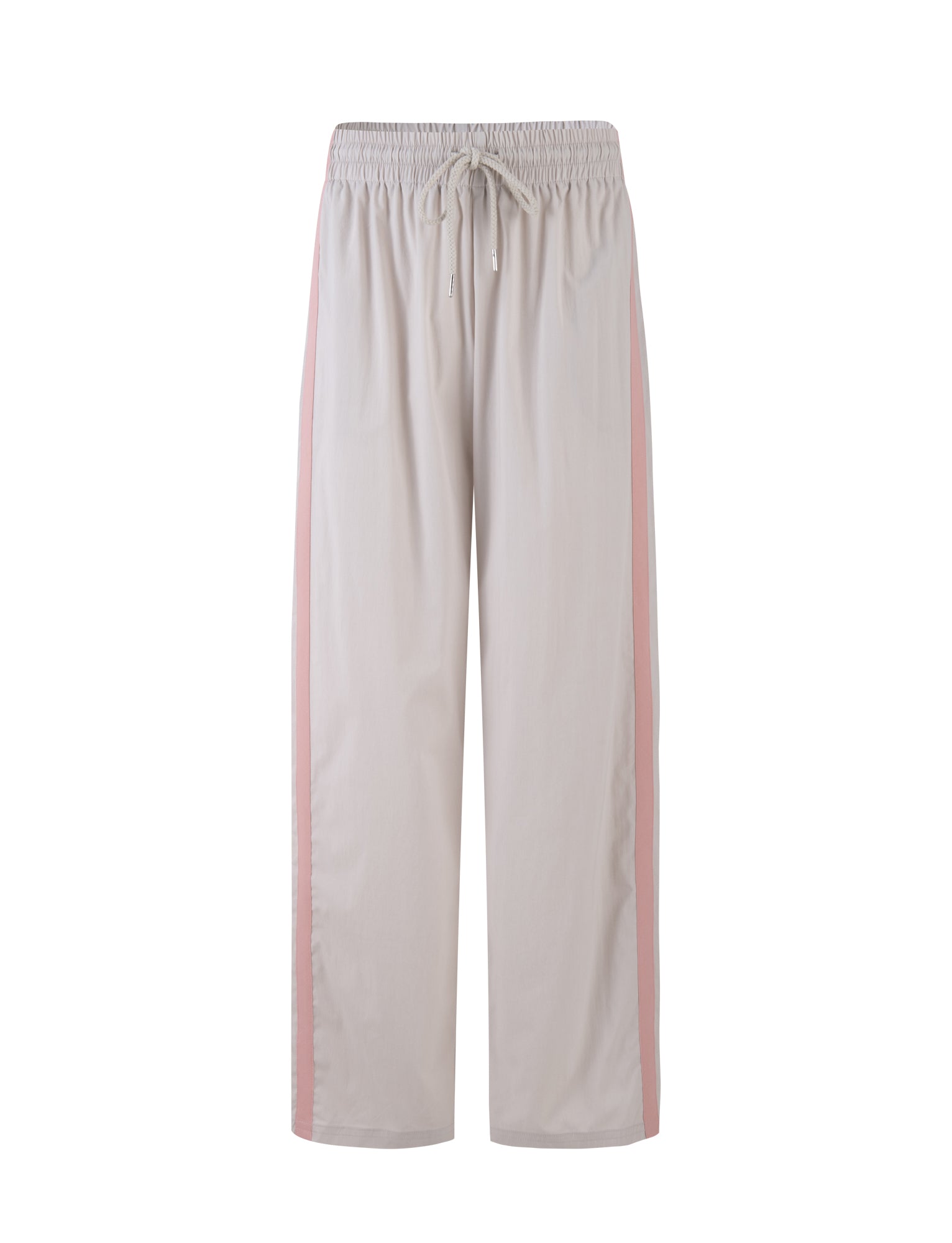 The TIGERMIST KAHANNA PANT in Dove Grey is a pair of light grey, loose-fitting pants that feature an elastic waistband with a drawstring. They are adorned with pale pink side stripes running down the length of each leg. Made from light and comfortable material, these pants are perfect for casual wear.