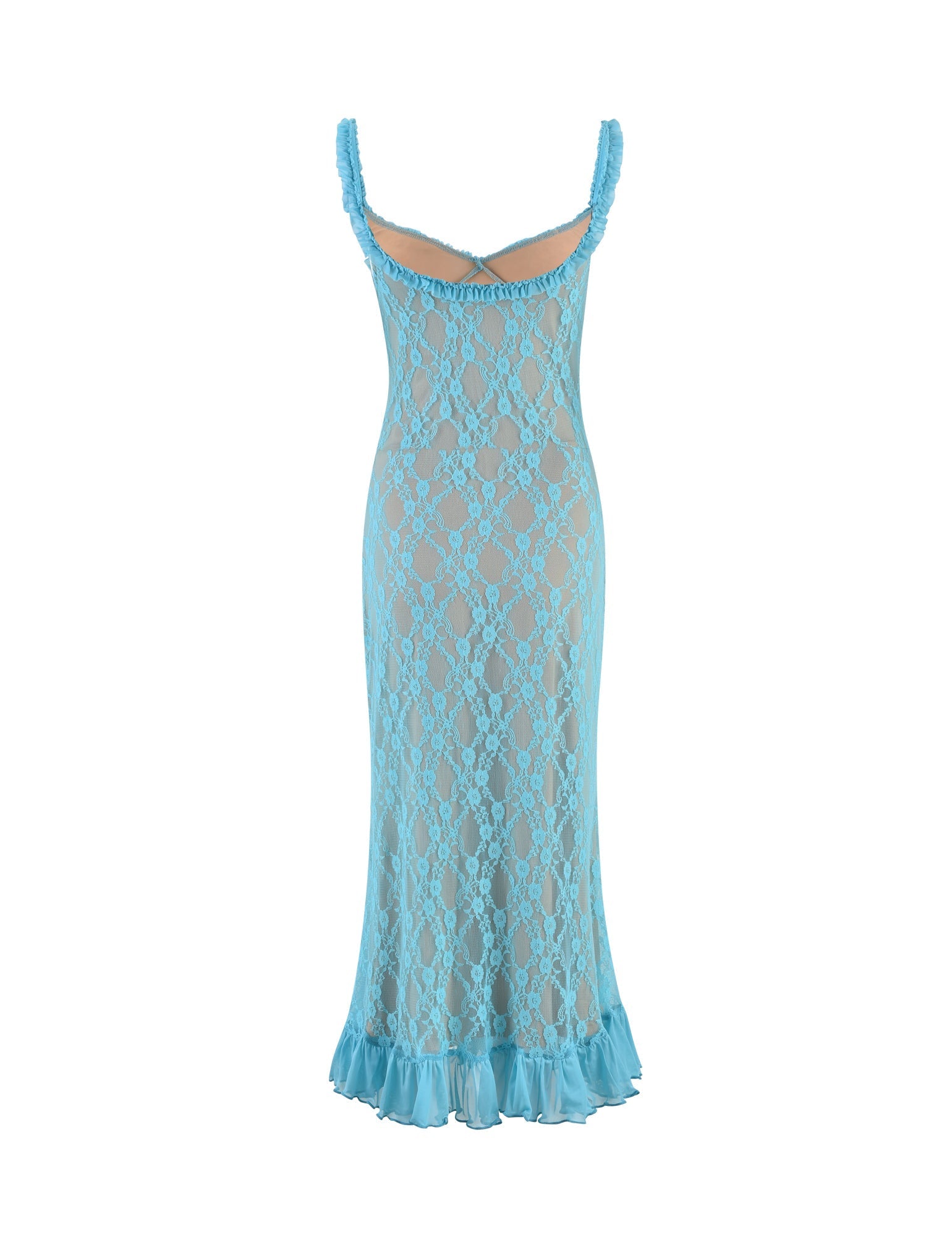 A light blue DEJA DRESS by TIGERMIST in ICE BLUE, featuring spaghetti straps and a cowl neckline. The dress showcases a floral lace pattern over a nude-colored fabric lining, complete with a ruffled hem that falls to mid-calf length. The design is elegant and semi-transparent.