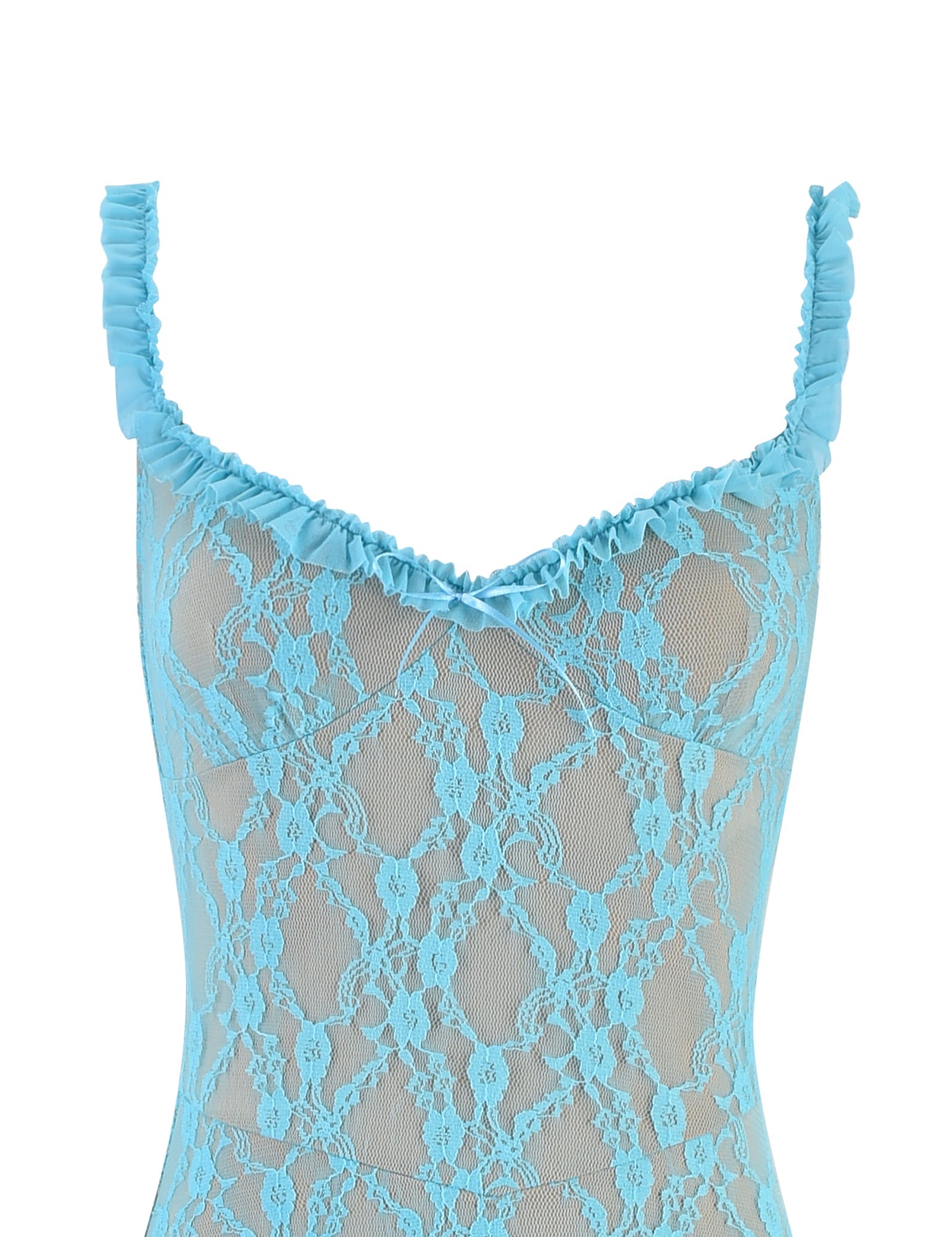 A close-up image of an ice blue DEJA DRESS by TIGERMIST on a white background. The garment features delicate, floral lace patterns throughout, with ruffled straps and a slightly plunging neckline. The lace appears sheer, offering an elegant and delicate appearance.