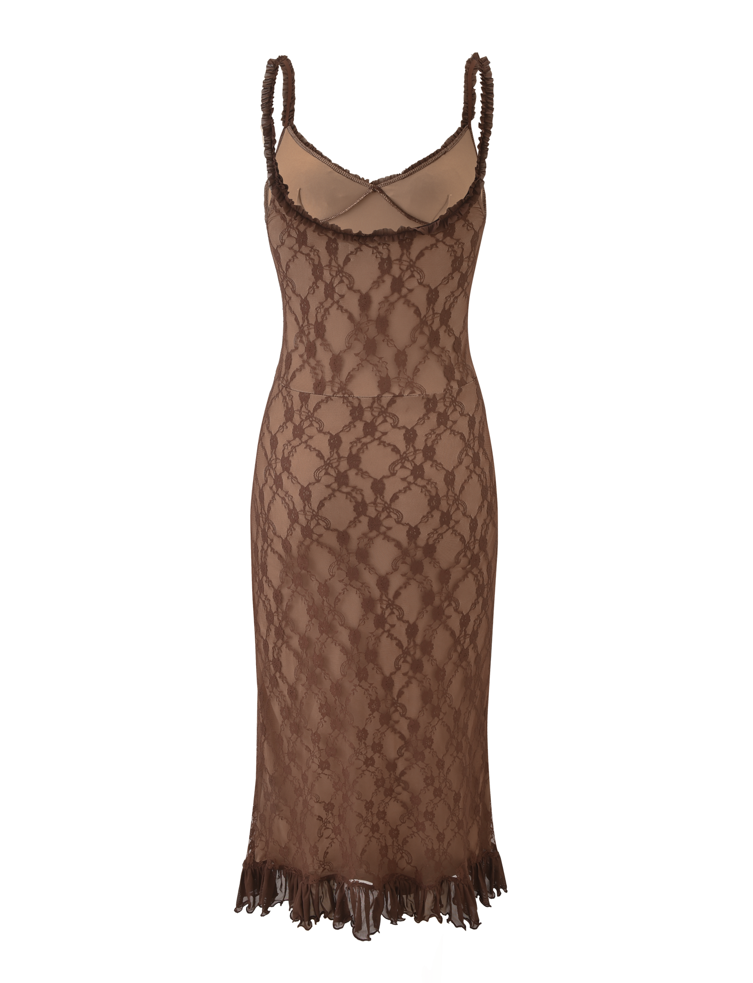 The TIGERMIST DEJA DRESS - BROWN LACE is a sheer, brown mesh midi dress with spaghetti straps, a fitted silhouette, ruffled hem trim, and an all-over intricate floral lace pattern.