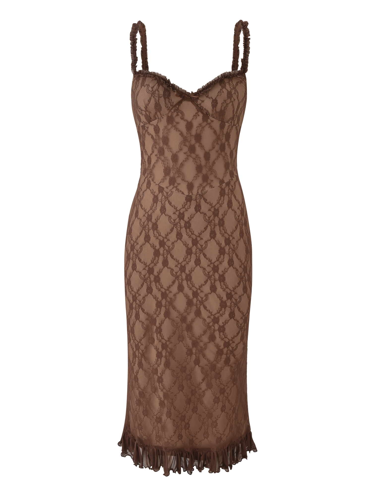 The DEJA DRESS - BROWN LACE by TIGERMIST is a sleeveless, fitted midi dress with spaghetti straps, a scalloped neckline, ruffled hem, and elegant floral lace detailing throughout.