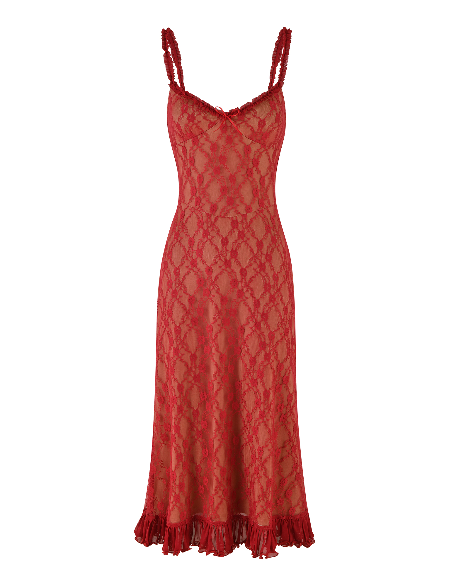 The TIGERMIST DEJA DRESS - RED features a fitted silhouette in berry red with spaghetti straps, a V-neckline, ruffled hem, and elegant lace, shown on a plain white background.