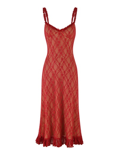 The TIGERMIST DEJA DRESS - RED features a fitted silhouette in berry red with spaghetti straps, a V-neckline, ruffled hem, and elegant lace, shown on a plain white background.