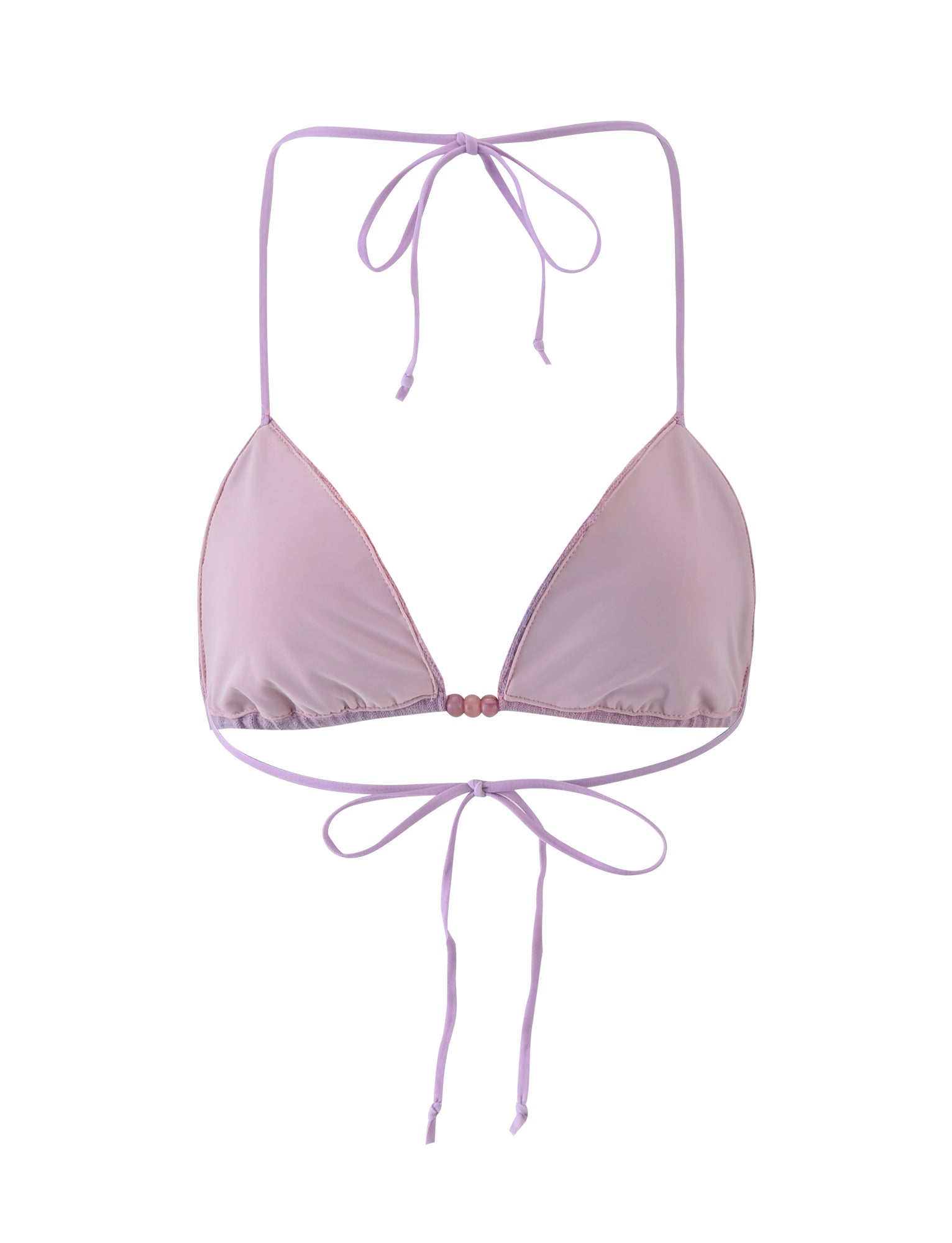 A minimalist design, the CIRIL BIKINI TOP - PINK / PURPLE STRIPE from TIGERMIST is a light purple triangle bikini top with thin straps that tie around the neck and back. Featuring small decorative beads at the center connecting the two cups, it adds a touch of elegance to its sleek look.