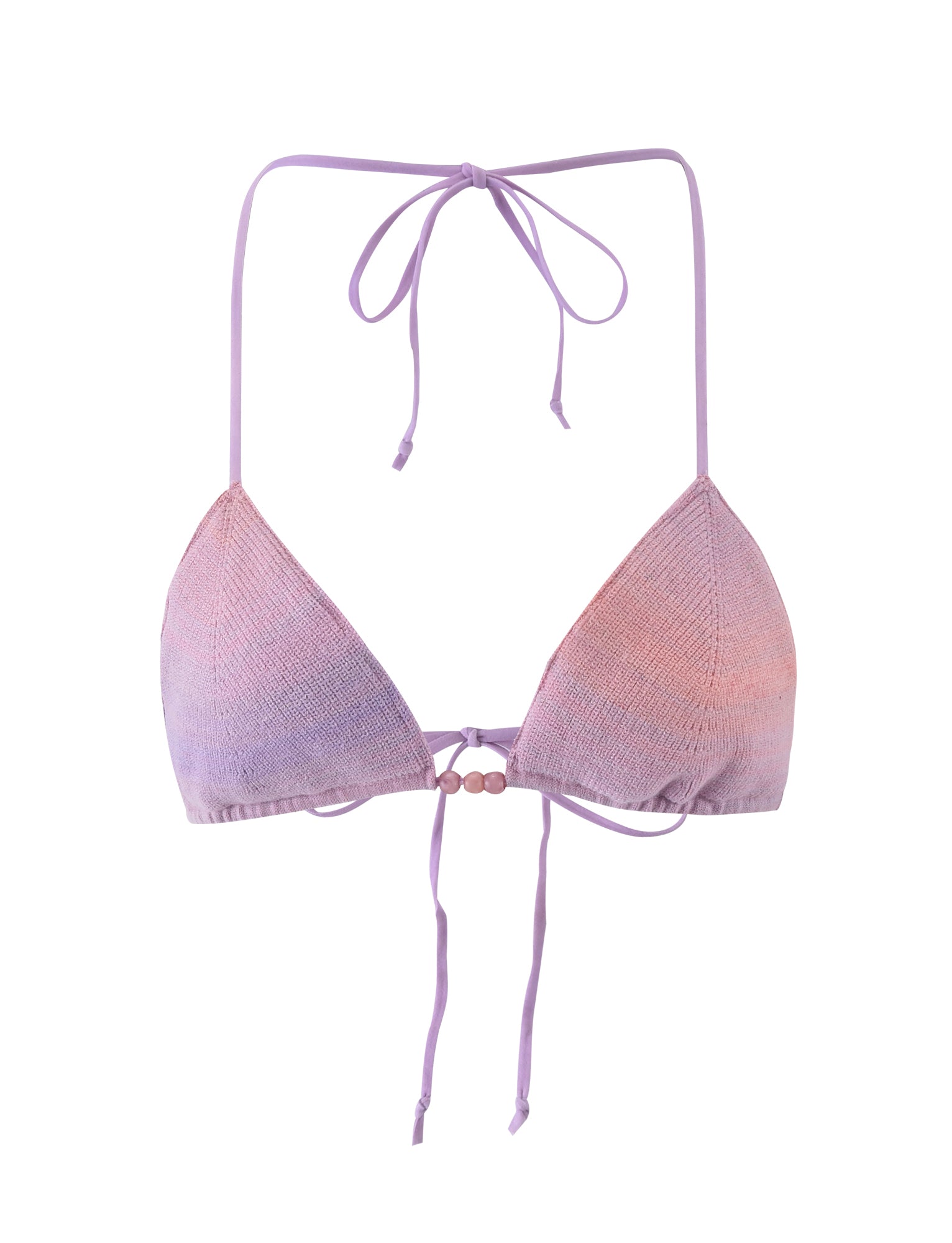 The CIRIL BIKINI TOP - PINK / PURPLE STRIPE from TIGERMIST is a gradient pastel-colored bikini top with a halter neck and tie-back closure. The fabric transitions from pink to purple, featuring beaded accents at the front center where the cups connect.