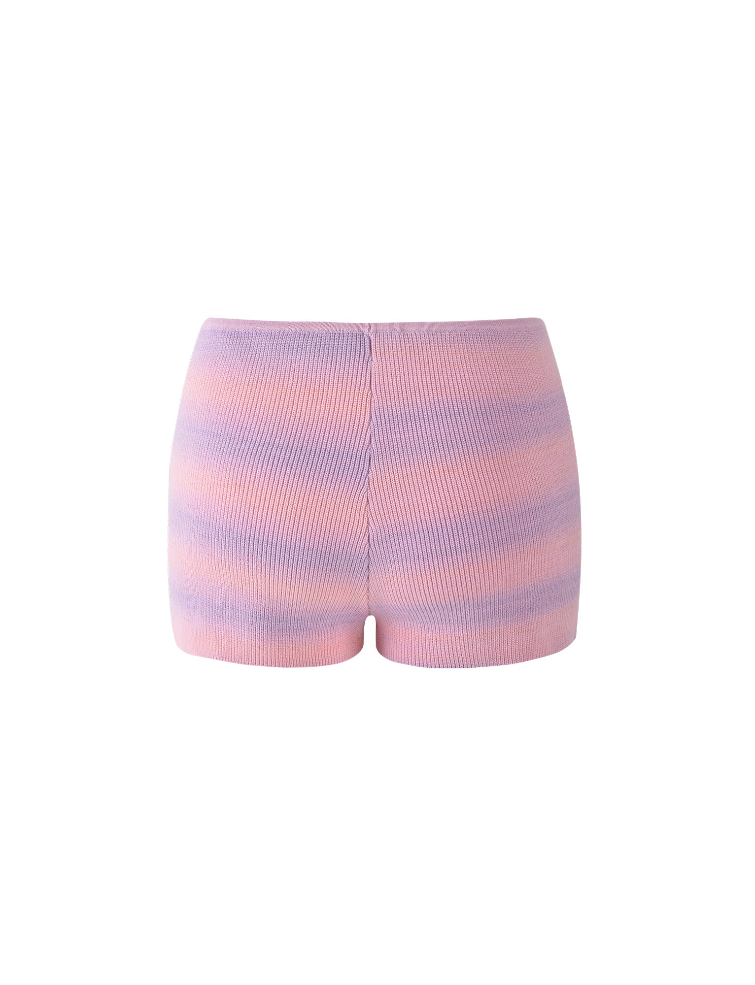 A pair of Yarra Shorts from TIGERMIST, featuring a high-waisted design with ribbed knit fabric and a pastel color gradient transitioning from light pink to lavender. The shorts offer a snug fit and a seamless appearance.