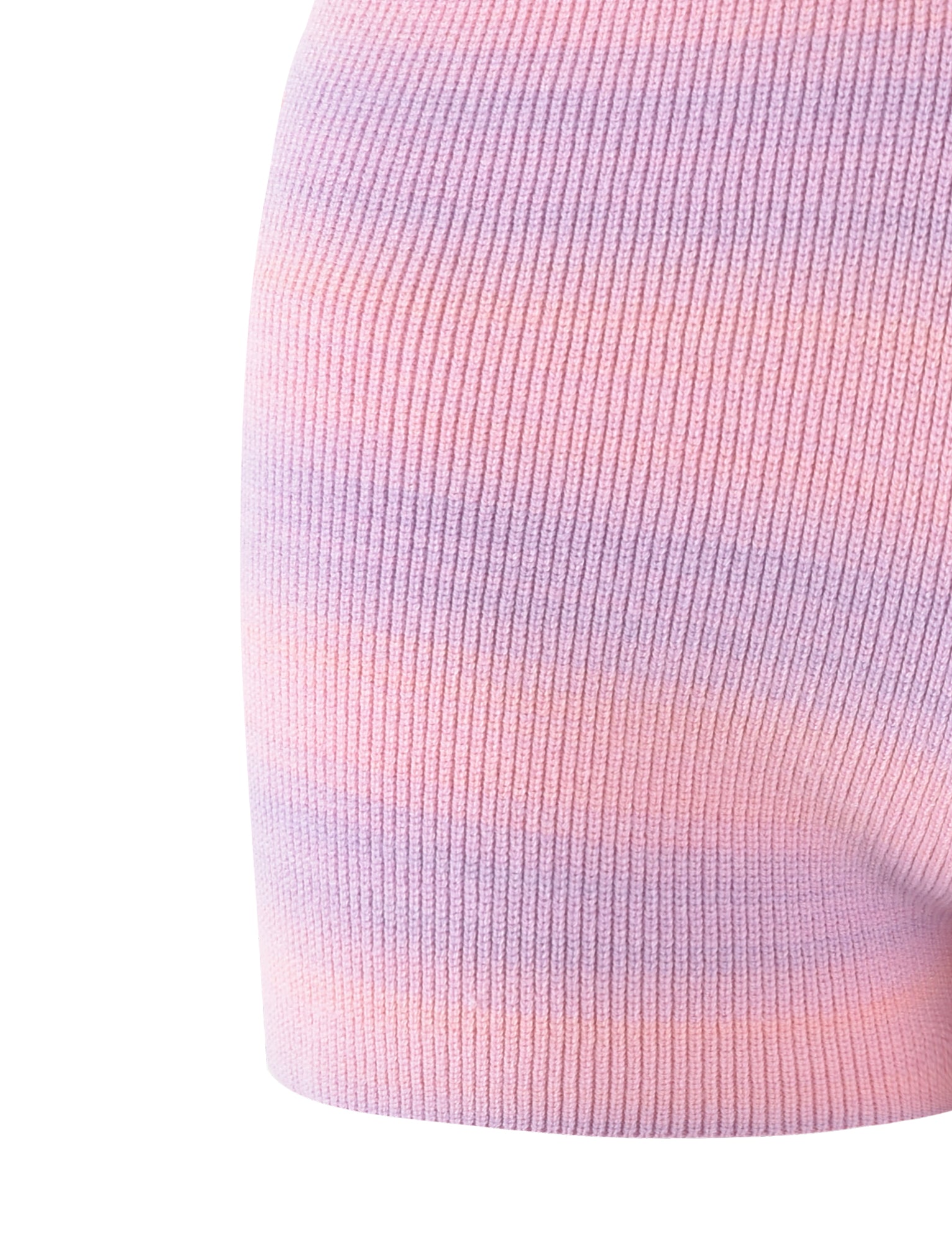 Close-up of the YARRA SHORT from TIGERMIST, showcasing a gentle gradient of pastel colors, including shades of pink, purple, and blue. The knit fabric appears soft and has a ribbed texture, suggesting it could be part of a fashionable garment.