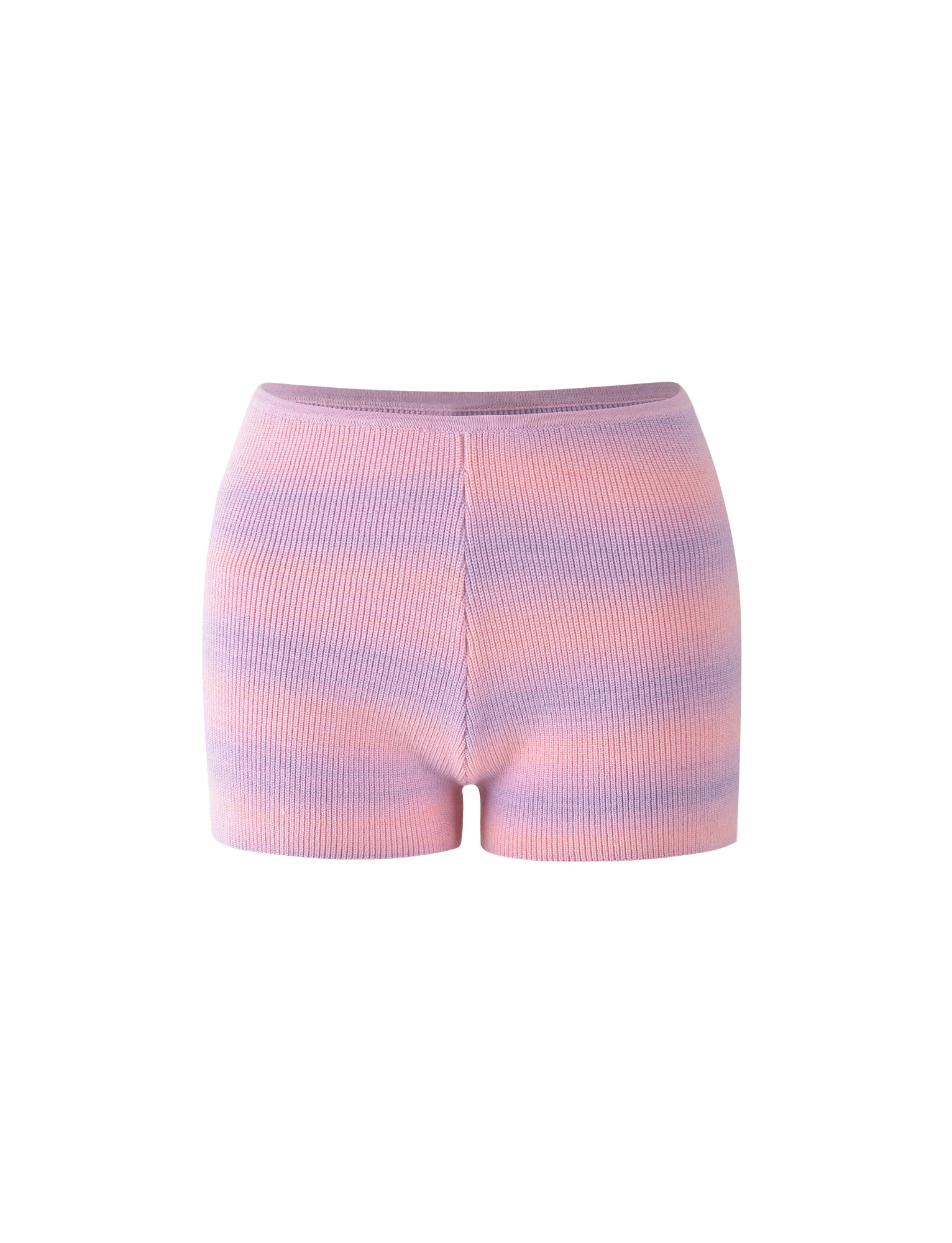 The YARRA SHORT - PINK/PURPLE : STRIPE by TIGERMIST are high-waisted, ribbed knit shorts featuring a pastel tie-dye pattern with shades of pink, purple, and blue. These shorts offer a snug fit and come with a seamless waistband.