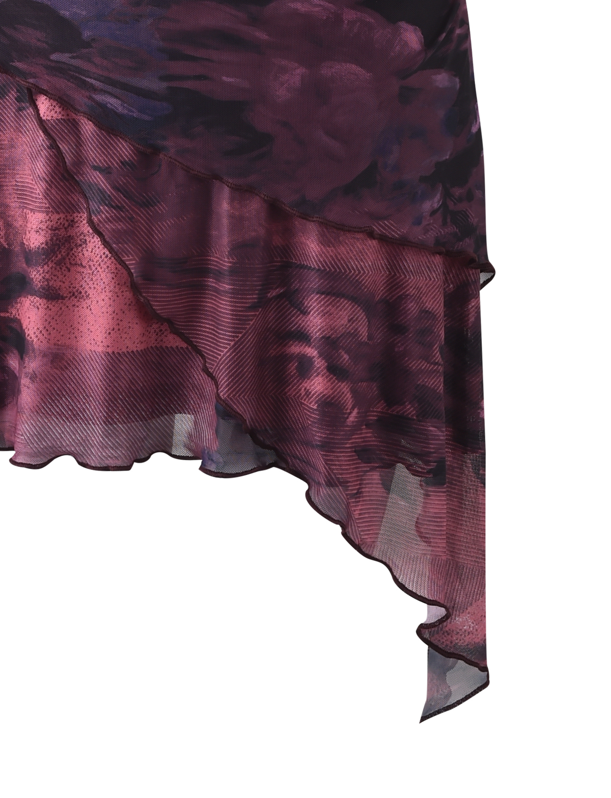A close-up of sheer, burgundy and black floral fabric with a wavy hemline, inspired by the TIGERMIST FRIEDA DRESS - RED: BURGUNDY ROMANTIC.