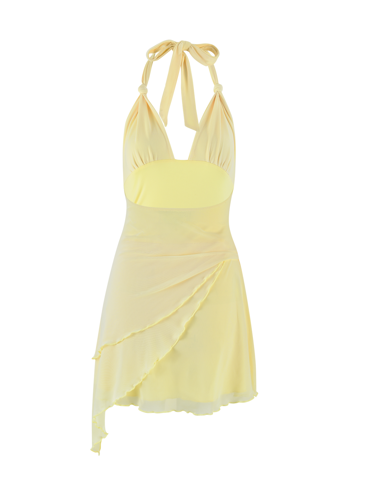 The FRIEDA DRESS - YELLOW : BUTTER by TIGERMIST is a halter-neck mini with a fitted bodice, deep V-neckline, and an asymmetrical skirt. It ties at the neck with a bow and features soft, sheer fabric accents.