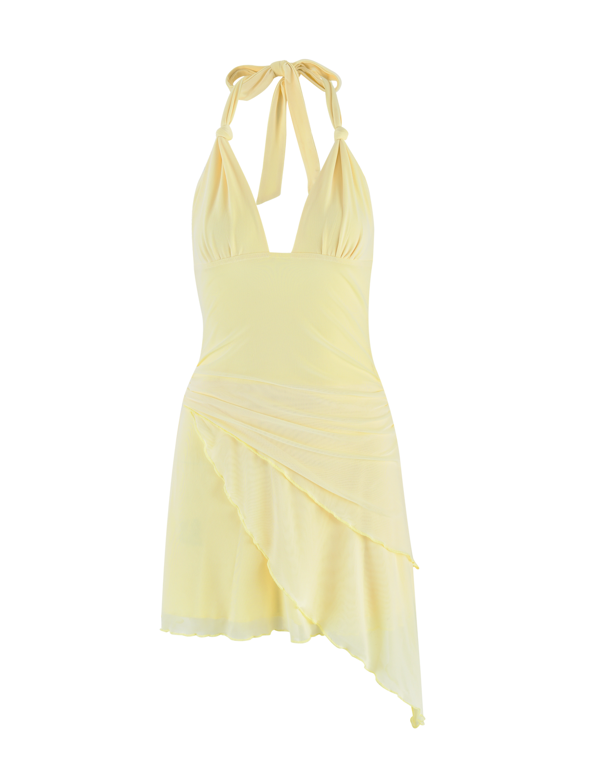 The FRIEDA DRESS - YELLOW : BUTTER by TIGERMIST features a halter neckline with tie detail, ruched bodice, asymmetrical skirt, and soft flowing fabric for a modern yet effortless look.