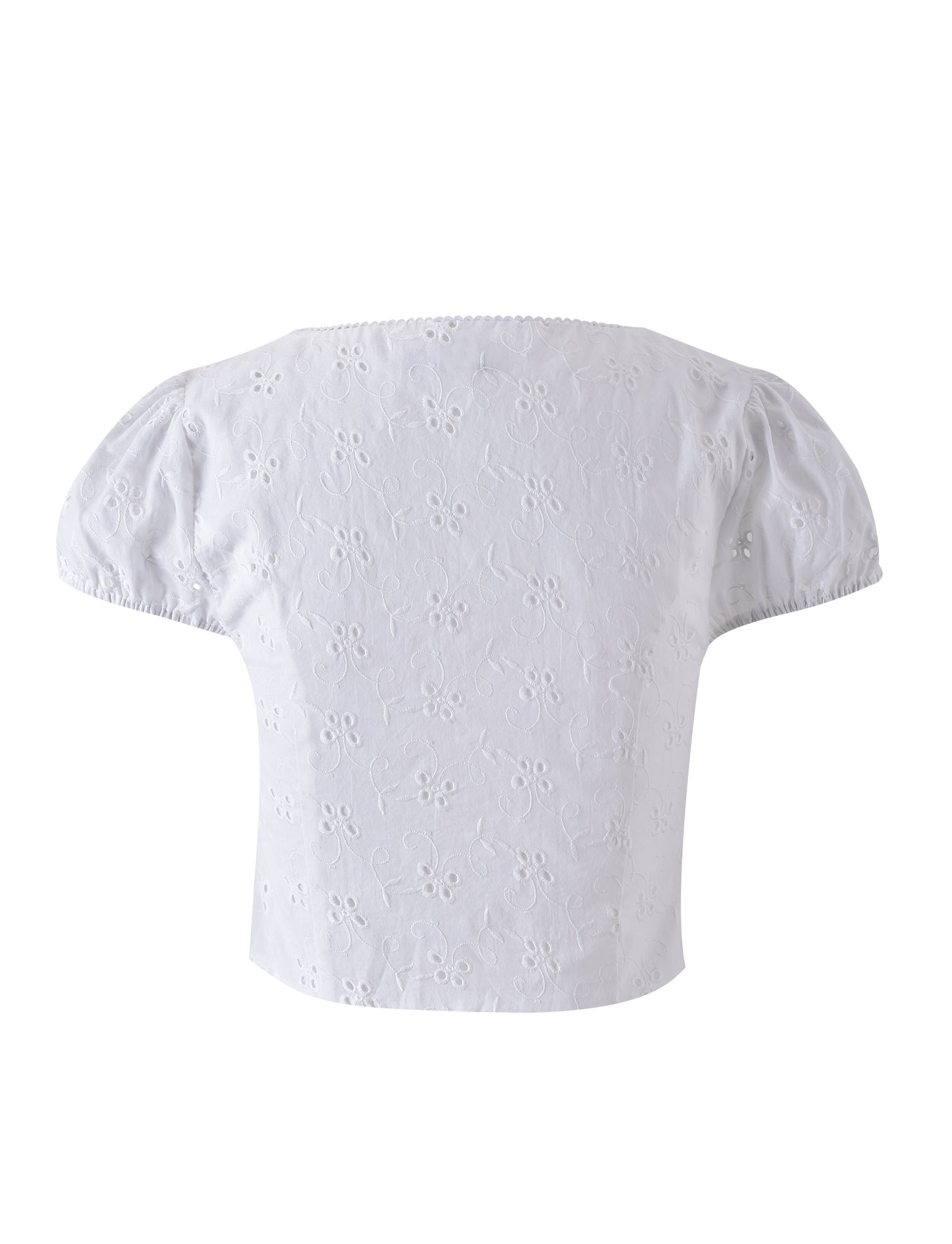 This is the KAYLEIGH TOP - WHITE by TIGERMIST, a chic blouse with short, puffed sleeves and a square neckline. Crafted from delicate eyelet floral pattern fabric, it has a cropped hem that falls just above the waist. The image displays the back view of this stylish top.