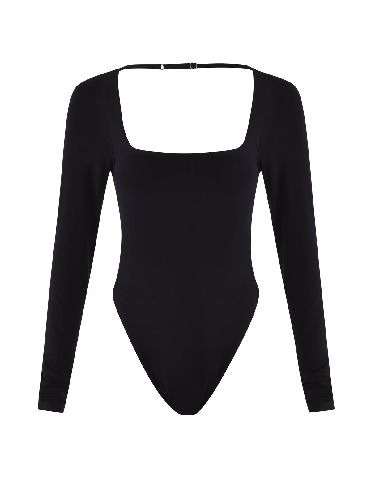 The TIGERMIST MINERVA LONG SLEEVE BODYSUIT - BLACK showcases a black, long sleeve, square neckline design with a high-cut leg and bodycon fit for a sleek silhouette, displayed on a white background.