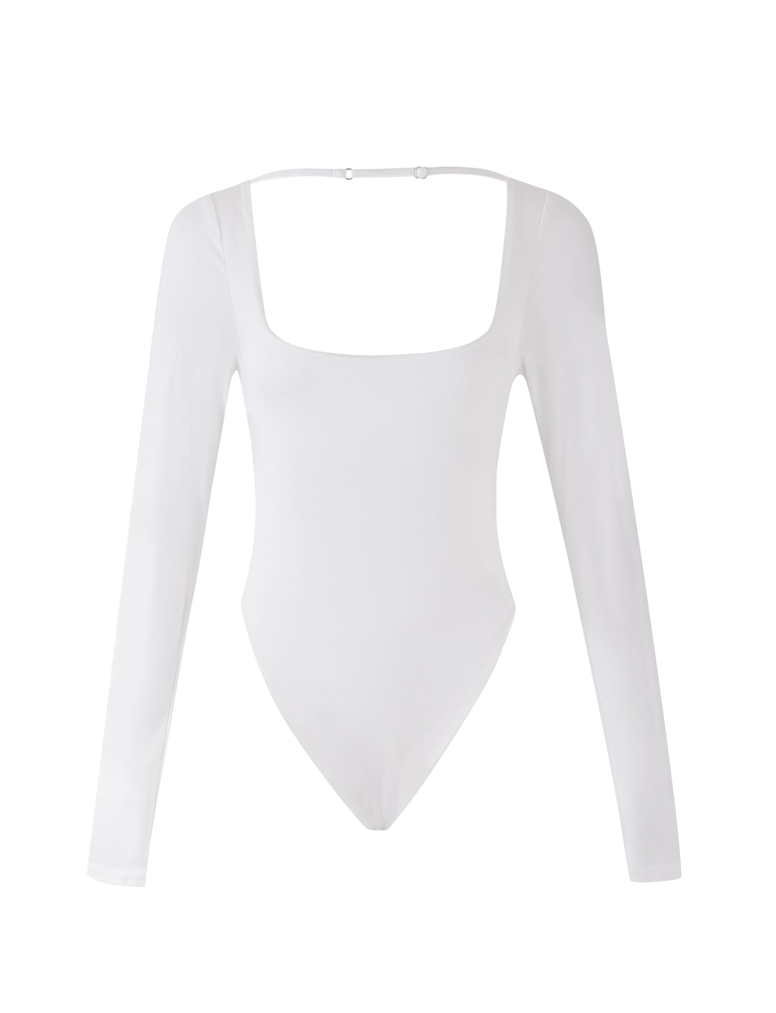 The MINERVA LONG SLEEVE BODYSUIT in white from TIGERMIST features a square neckline, straight shoulder straps, and a seamless finish. It is displayed on a plain white background.