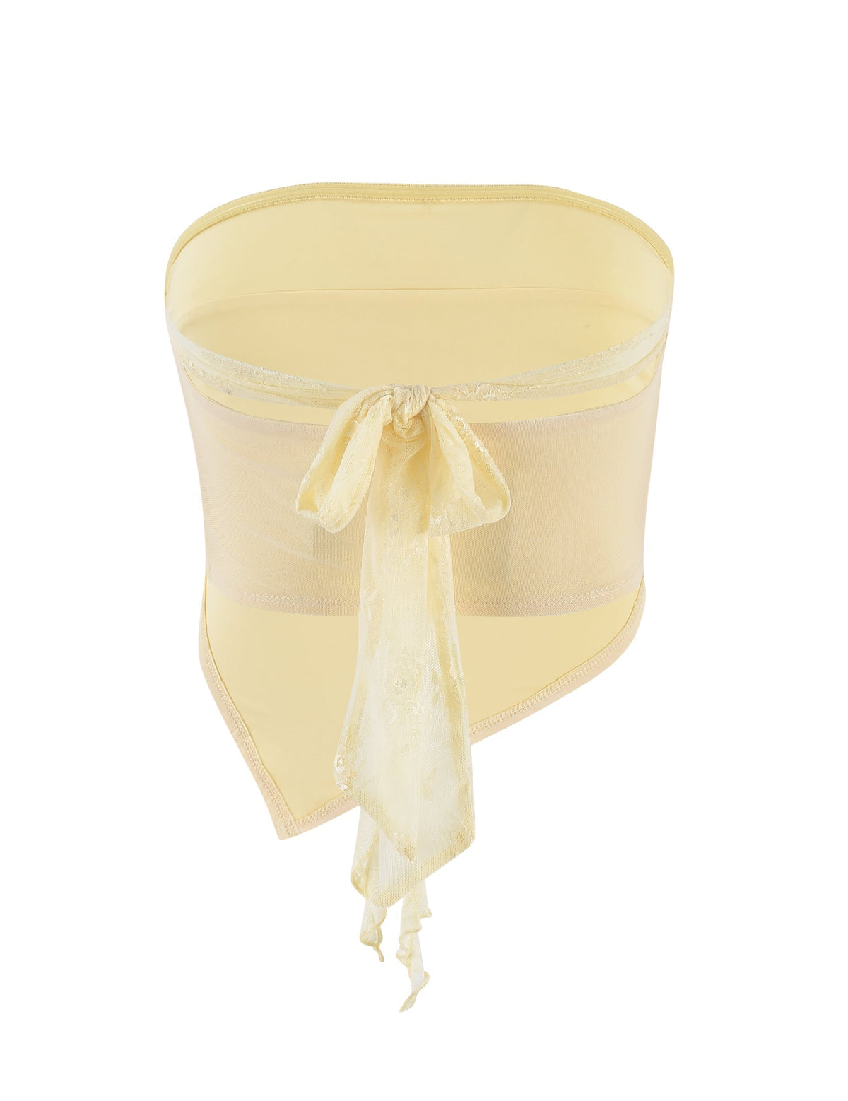 The Harper Top in Lemon by TIGERMIST is a yellow sheer waist cincher with a delicate, embroidered bow tie at the front. The fabric has a smooth finish, and the garment features a V-shaped panel at the bottom front, enhancing its elegant design. This Tiger Mist piece is suitable as a stylish accessory or lingerie item.