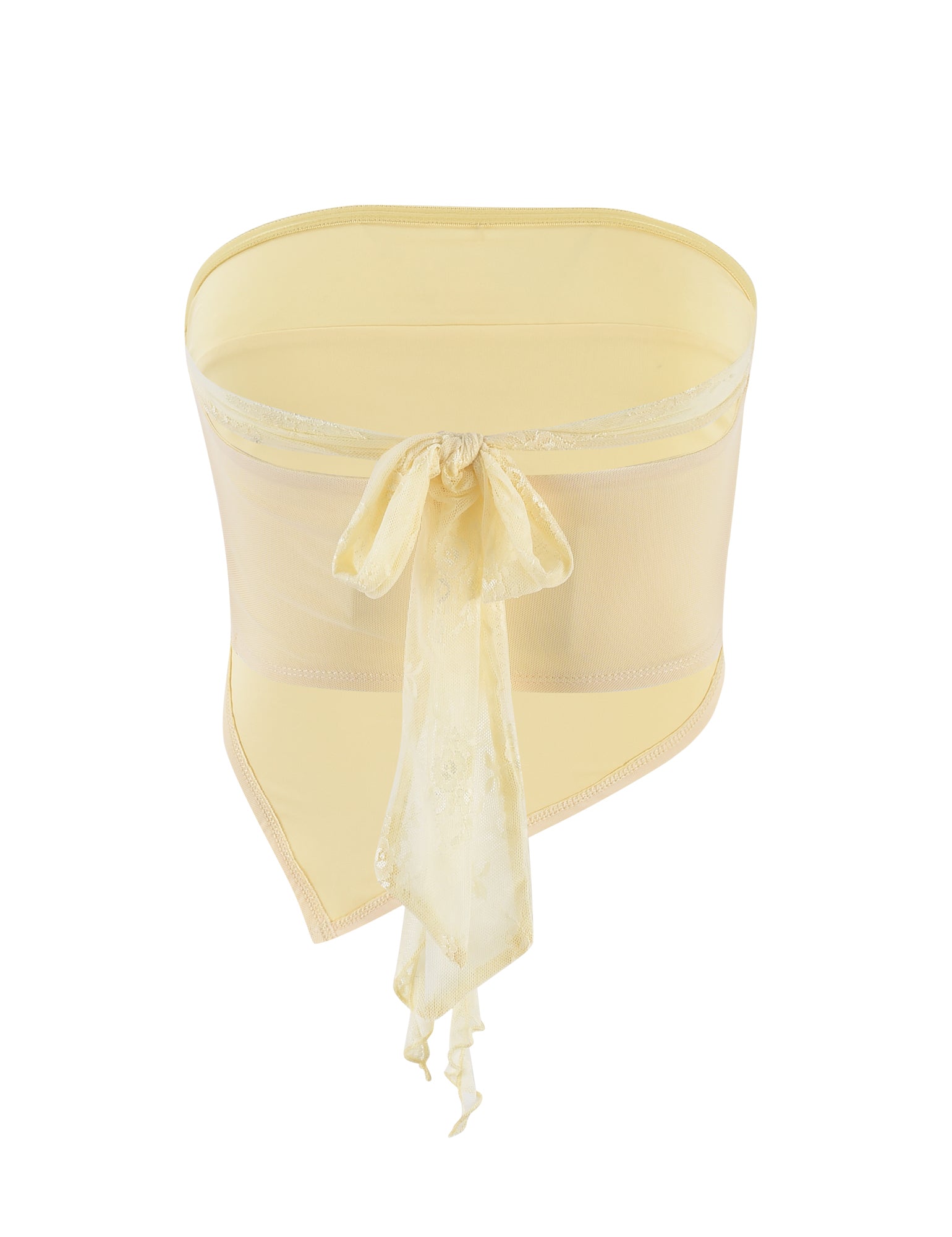 The Harper Top in Lemon by TIGERMIST is a yellow sheer waist cincher with a delicate, embroidered bow tie at the front. The fabric has a smooth finish, and the garment features a V-shaped panel at the bottom front, enhancing its elegant design. This Tiger Mist piece is suitable as a stylish accessory or lingerie item.