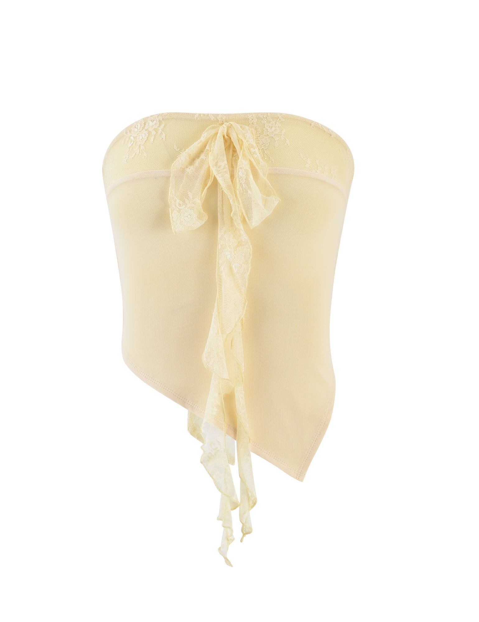 A light yellow asymmetrical bandeau top from TIGERMIST, named the HARPER TOP - YELLOW : LEMON, features intricate lace detailing tied into a decorative bow at the back. This elegant touch complements its soft, delicate texture, making it perfect for a stylish and feminine look.