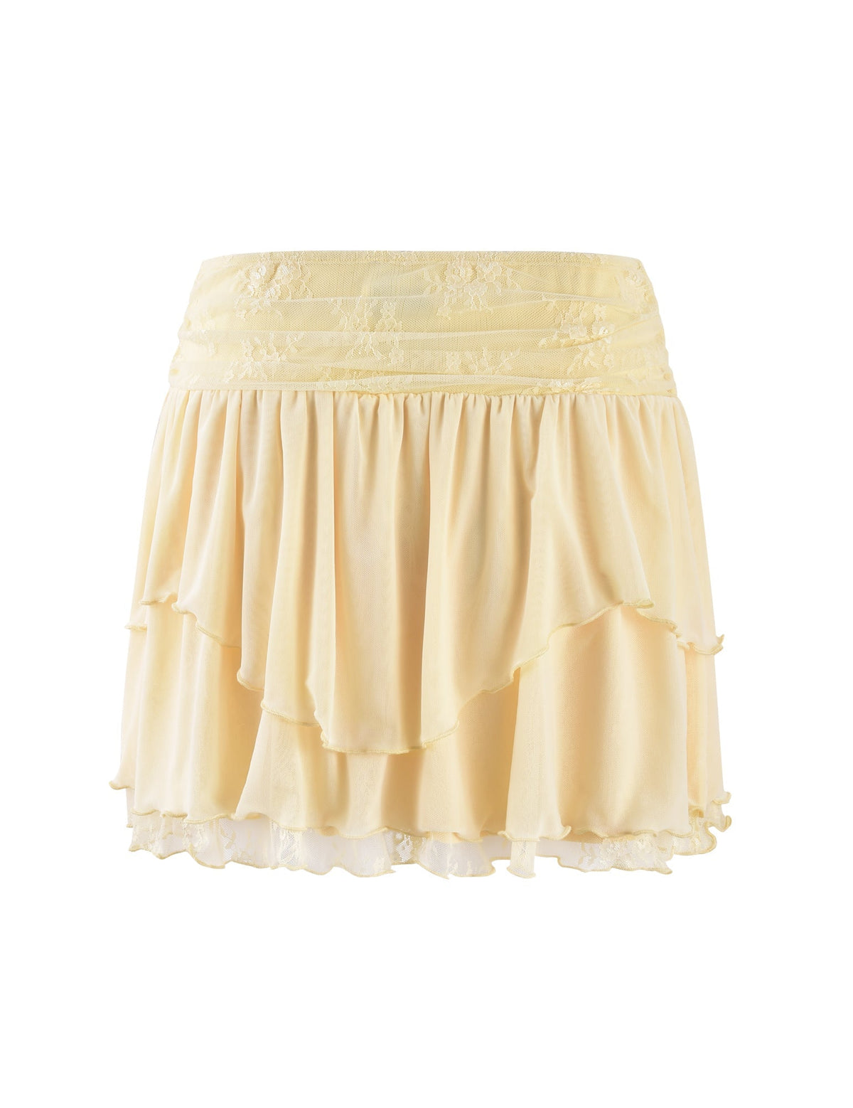 The HARPER MINI SKIRT in Lemon Yellow from TIGERMIST is a light yellow, layered mini skirt that boasts a ruffled design. It features a slightly flared hem and intricate lace detailing at the waistband and along the ruffles.