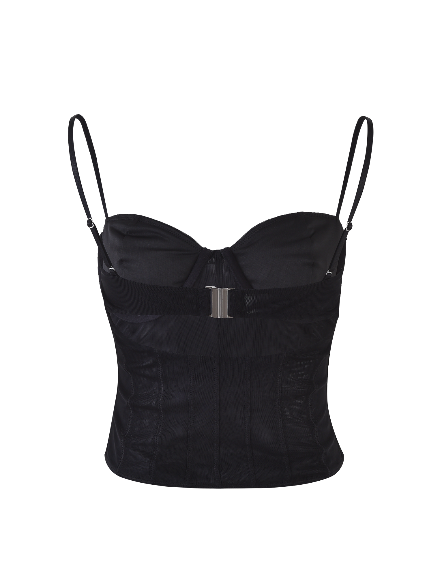 The MAIZIE TOP - BLACK by TIGERMIST is a black corset-style top with adjustable spaghetti straps. It features a structured bodice with horizontal and vertical stitching for a contoured fit, along with a front clasp closure in the middle. The material has a slight sheen for added elegance.