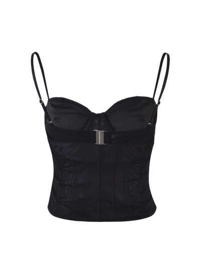 The MAIZIE TOP - BLACK by TIGERMIST is a black corset-style top with adjustable spaghetti straps. It features a structured bodice with horizontal and vertical stitching for a contoured fit, along with a front clasp closure in the middle. The material has a slight sheen for added elegance.