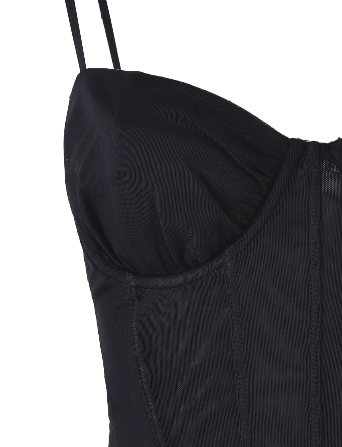 Close-up of the MAIZIE TOP - BLACK by TIGERMIST, showcasing two delicate shoulder straps and detailed structured stitching along the front. The fabric has a slightly sheer look with a textured finish.