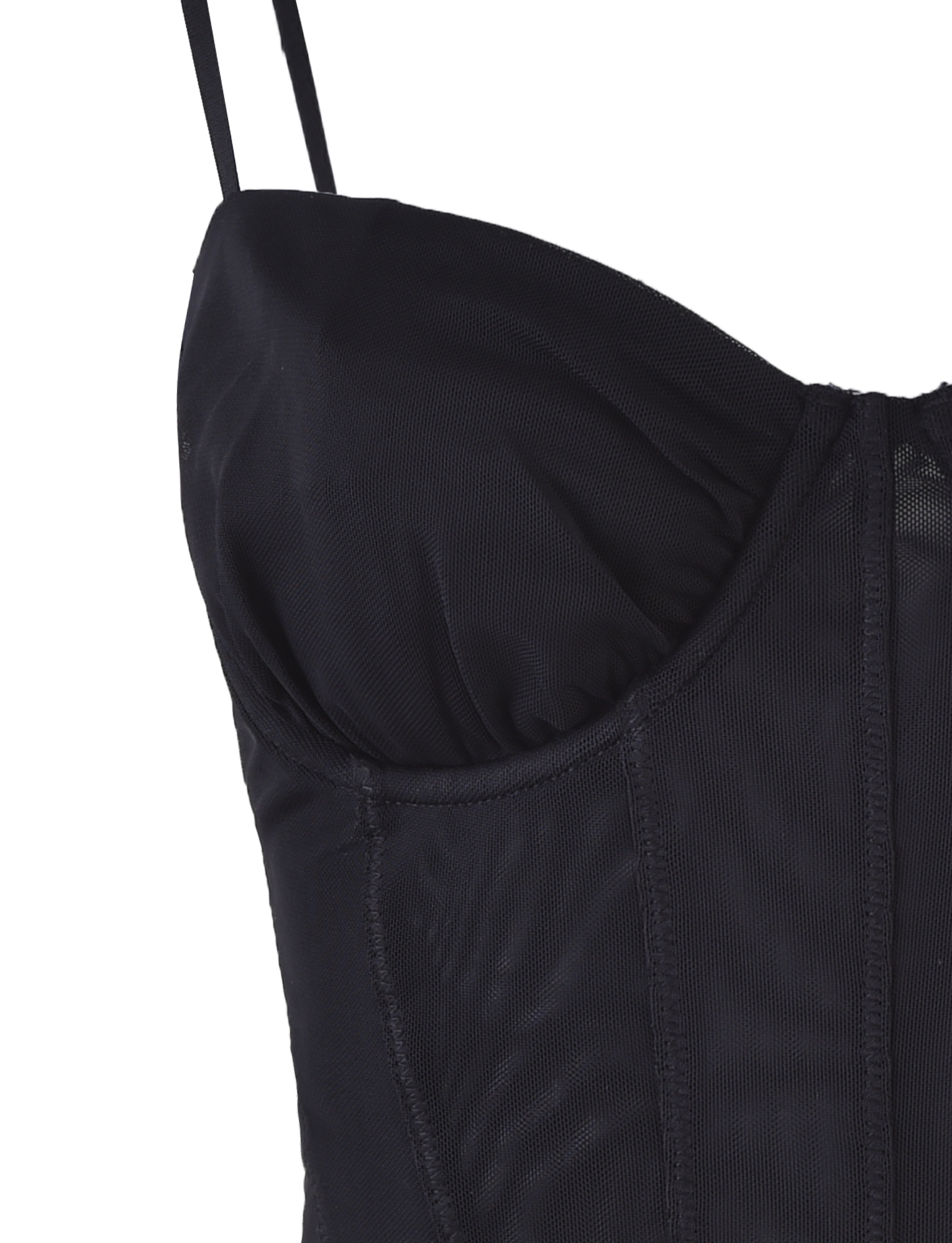 Close-up of the MAIZIE TOP - BLACK by TIGERMIST, showcasing two delicate shoulder straps and detailed structured stitching along the front. The fabric has a slightly sheer look with a textured finish.