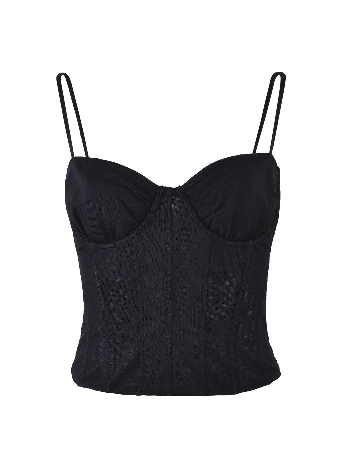 Image of the MAIZIE TOP - BLACK by TIGERMIST, featuring thin spaghetti straps, structured boning, and a sweetheart neckline. The slightly sheer material showcases defined vertical seams that provide both shape and support. The design is elegant and fitted.