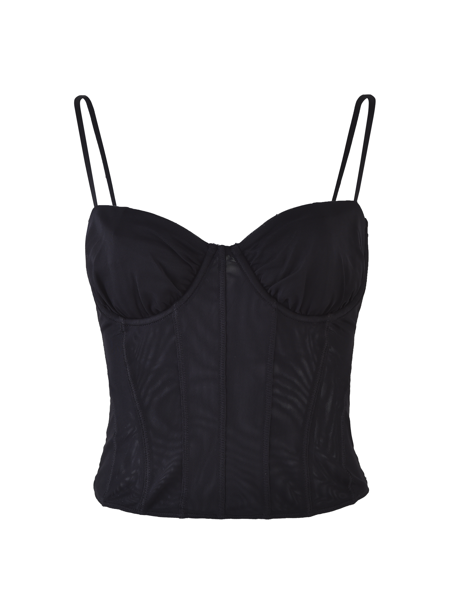 Image of the MAIZIE TOP - BLACK by TIGERMIST, featuring thin spaghetti straps, structured boning, and a sweetheart neckline. The slightly sheer material showcases defined vertical seams that provide both shape and support. The design is elegant and fitted.