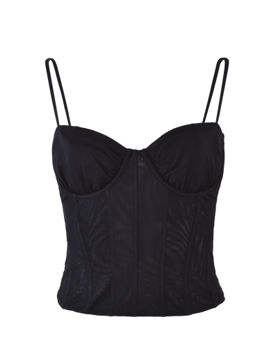 Image of the MAIZIE TOP - BLACK by TIGERMIST, featuring thin spaghetti straps, structured boning, and a sweetheart neckline. The slightly sheer material showcases defined vertical seams that provide both shape and support. The design is elegant and fitted.
