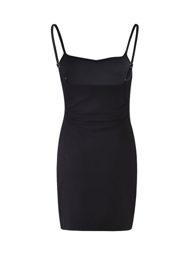 The BESSIE DRESS - BLACK by TIGERMIST is an elegant and chic bodycon dress with thin spaghetti straps. This form-fitting dress features a smooth, seamless look and a slightly scooped neckline, making it perfect for formal or semi-formal occasions. The dress is displayed on a plain white background.