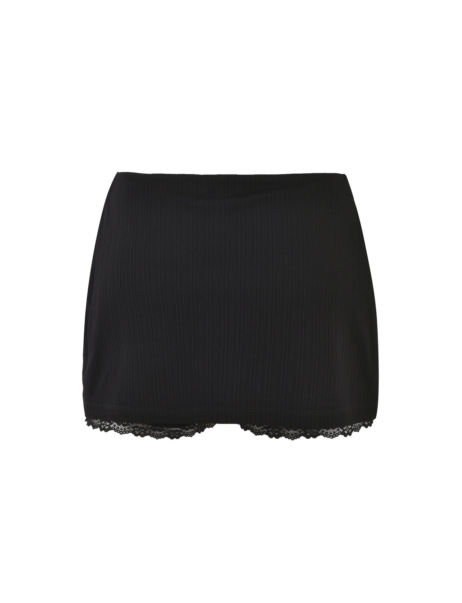 A pair of SABINE skorts in black from Tigermist displayed against a white background. The skort features a subtle vertical striped pattern, has a delicate lace trim at the hem, and boasts a low-rise waist.