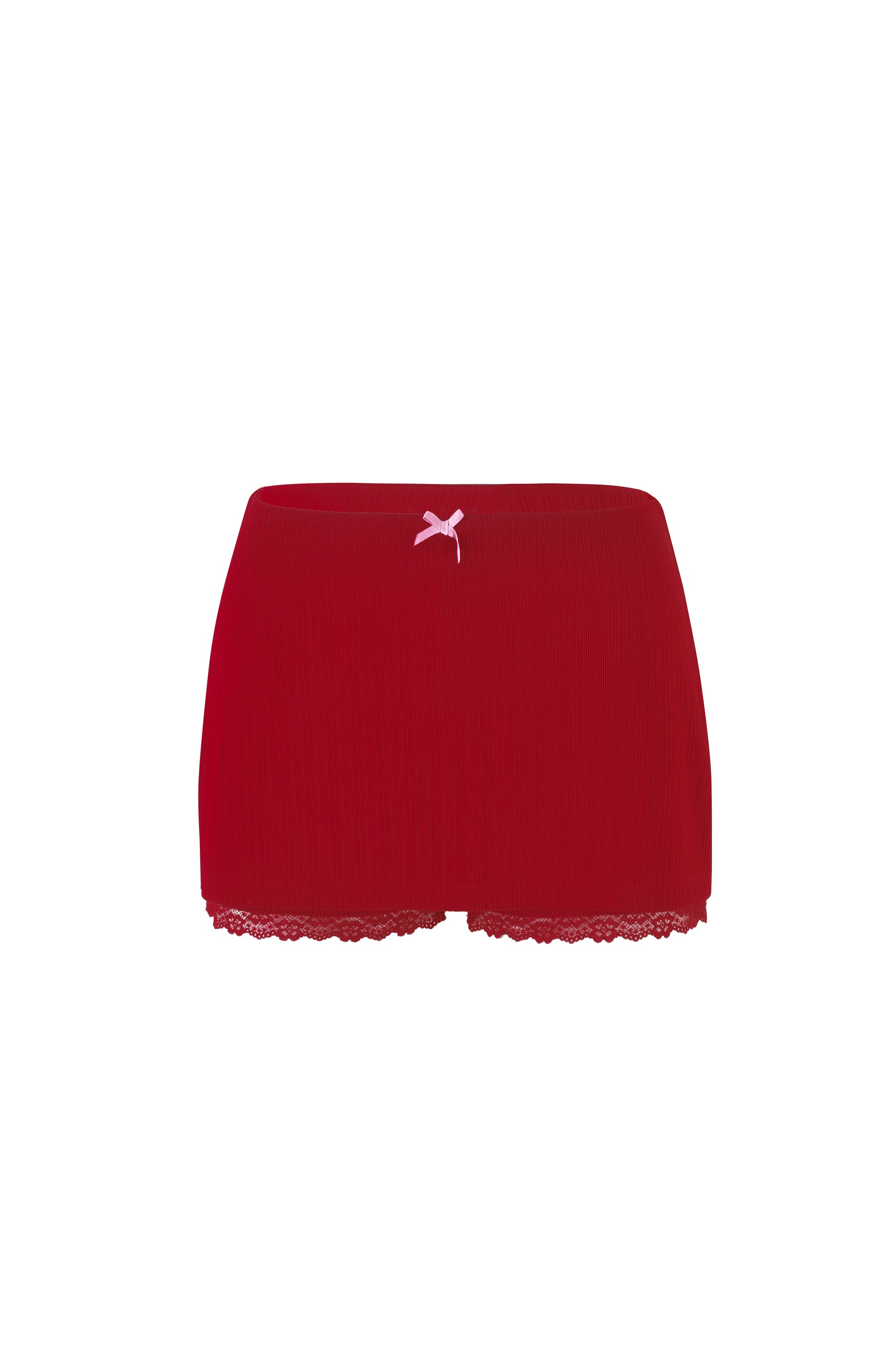The SABINE SKORT by TIGERMIST in Berry Red and Pink Crimson features a red lace-trimmed design accented with a pink ribbon bow at the center waistband. The ribbed fabric and delicate lace detailing along the hem enhance its elegance. Displayed against a plain white background.