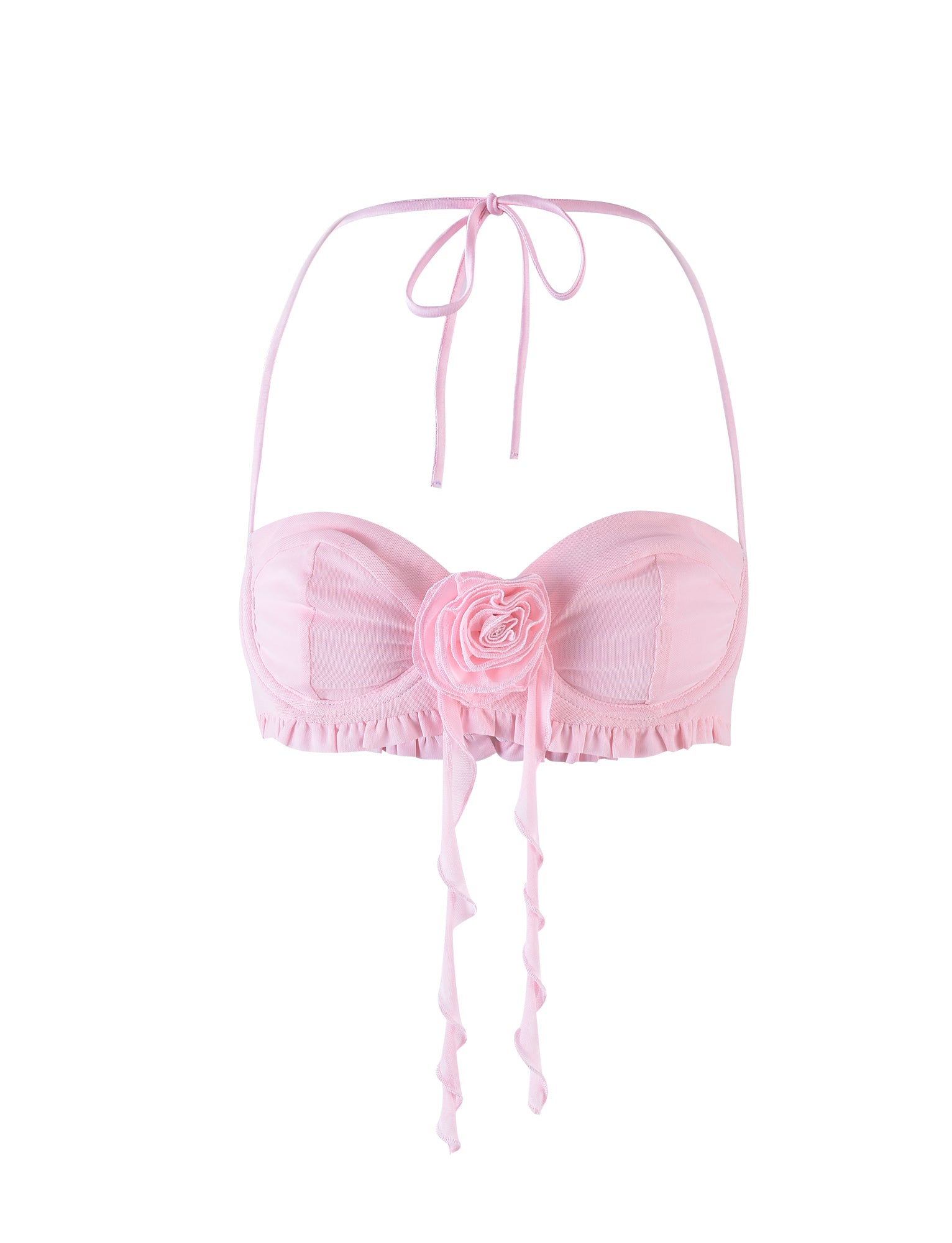 The HEAVEN TOP - PINK by TIGERMIST is a light pink, strapless bikini top with ruffles along the bottom edge. It boasts a large, decorative fabric rose at the center and has thin, adjustable ties for halter neck support, exuding classic elegance.