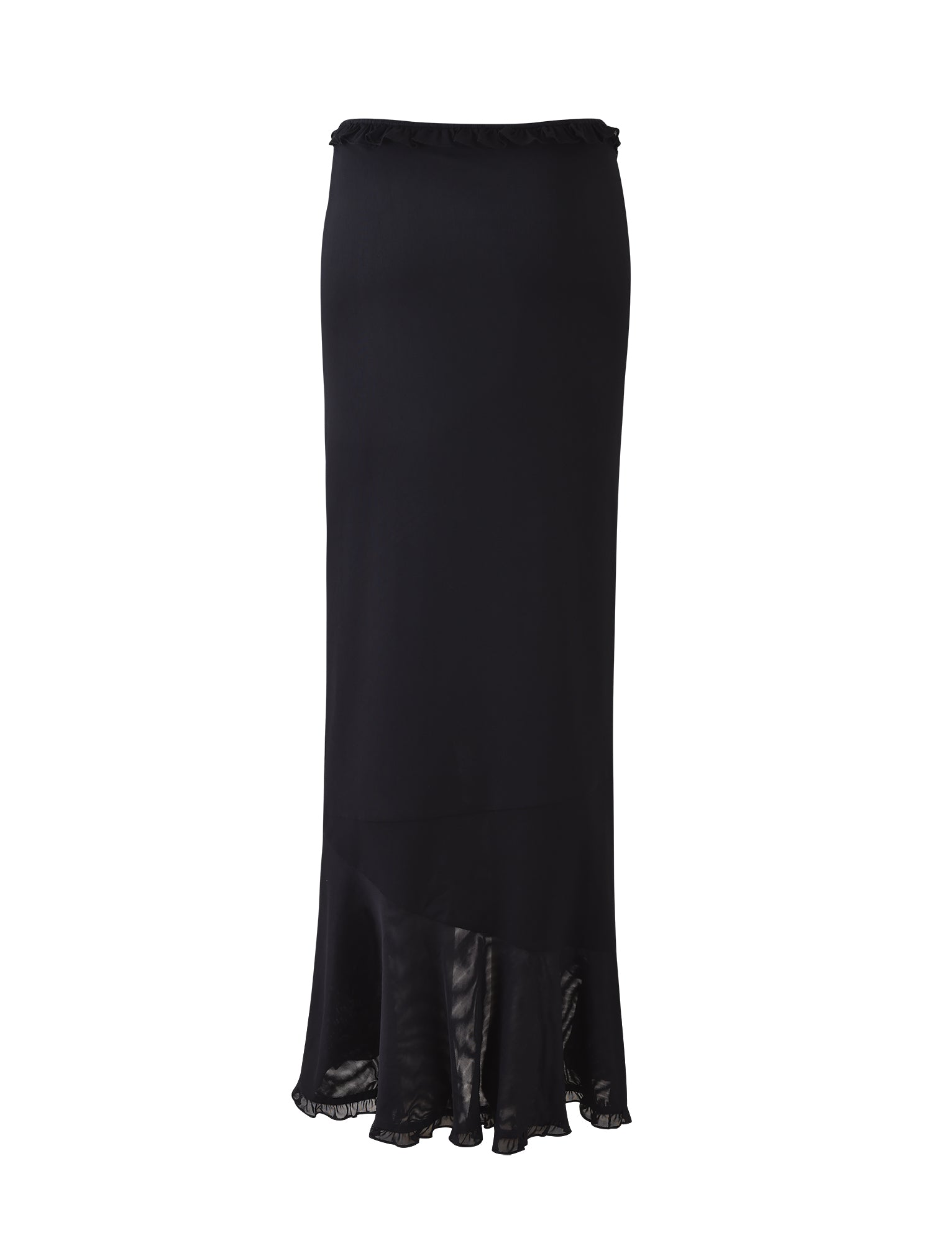 The HEAVEN MAXI SKIRT by TIGERMIST is a long, black, high-waisted skirt featuring a slightly ruffled hem. This elegant design is enhanced by a sheer, asymmetrical layer at the bottom, adding a flowing and sophisticated touch to the overall look.