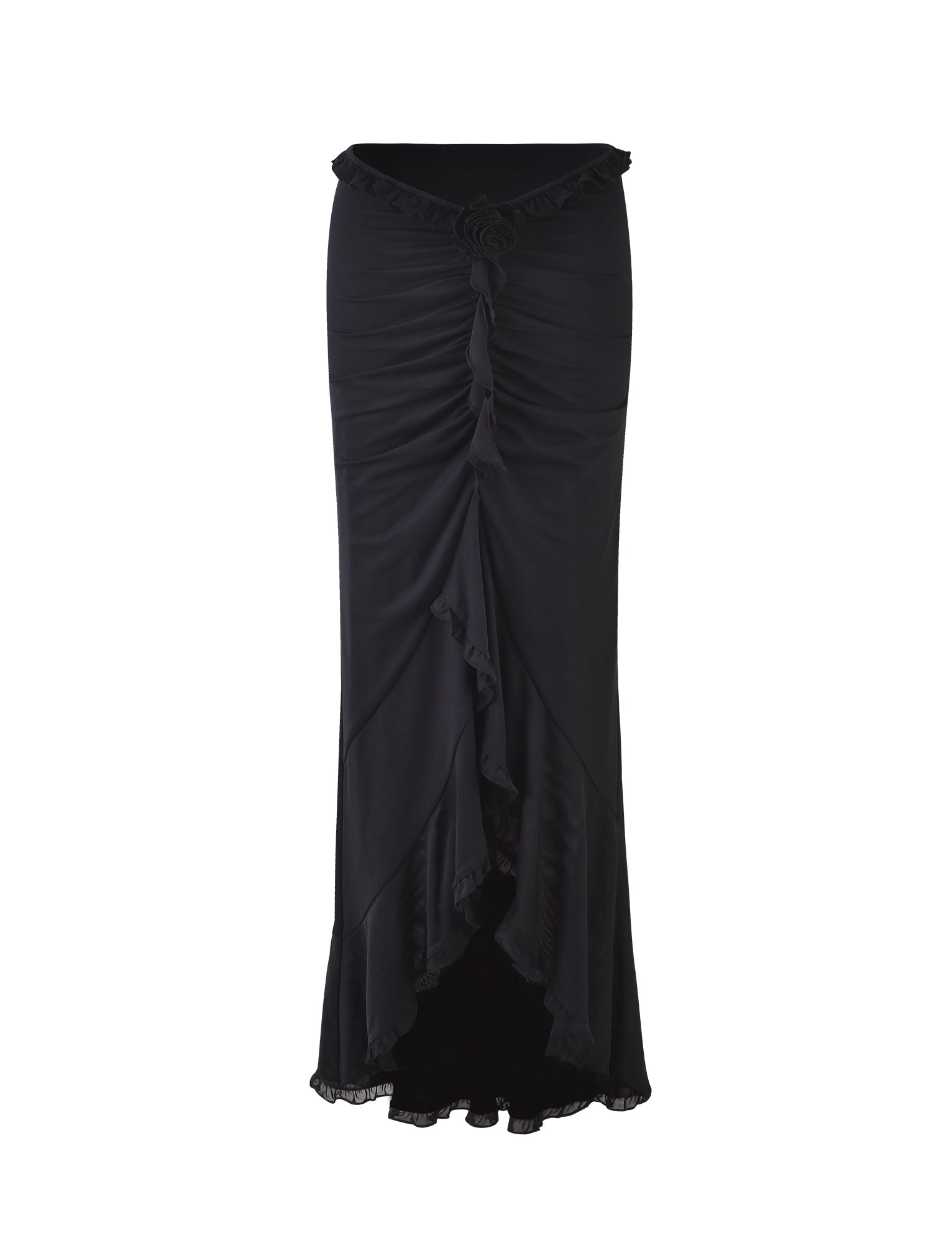 The HEAVEN MAXI SKIRT - BLACK by TIGERMIST is a high-waisted, ankle-length skirt with ruching along the front and a ruffled high-low hem. The fabric drapes in cascading folds, creating a flowing and elegant appearance. This skirt also features a decorative rosette at the center of the waistline.