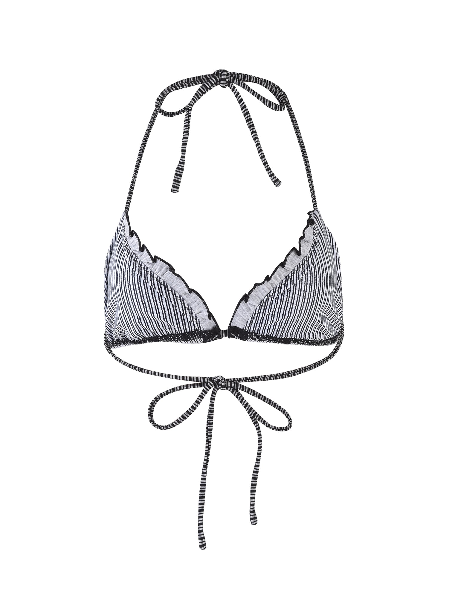 A TIGERMIST XANDRA BIKINI TOP in multi-texture stripe features halter neck and back ties. The fabric includes subtle ruffle detailing along the edges of the triangle cups, giving it a stylish and feminine look.