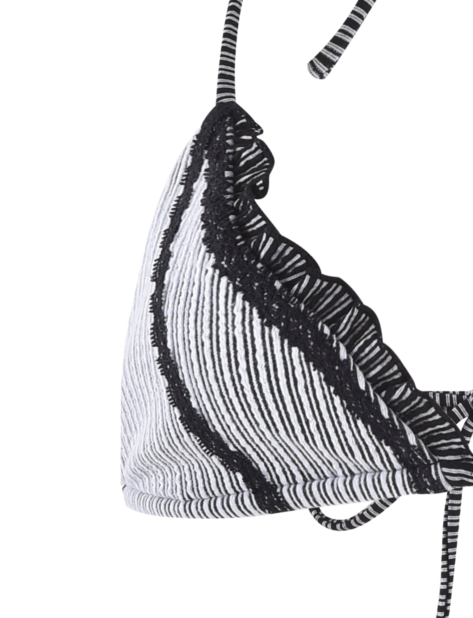 Close-up of the XANDRA BIKINI TOP - MULTI : STRIPE : TEXTURE STRIPE, showcasing its black and white striped design with a ribbed texture and black crocheted trim along the edges, created by TIGERMIST. The strap, featuring the same stripe pattern, is partially visible at the top of the image. The background is white.