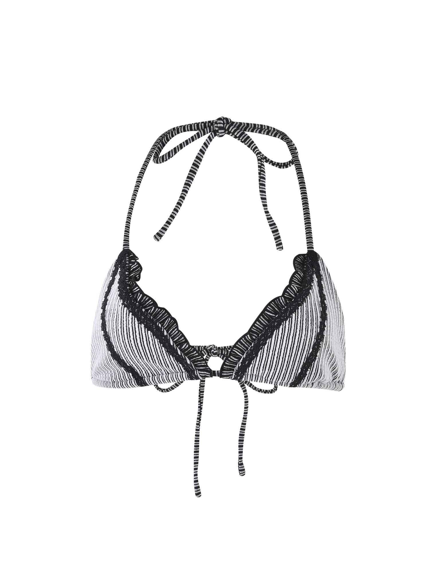 An image of the Xandra Bikini Top - Multi : Stripe : Texture Stripe from TIGERMIST. The bikini top showcases black and white stripes with triangular cups, a halter neck tie, and a string tie at the back. Each cup is adorned with a delicate ruffle trim along the edges.