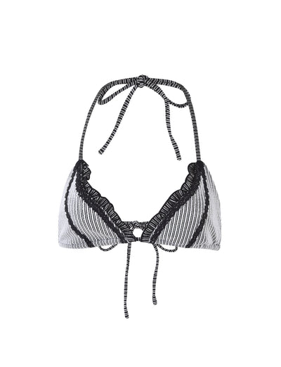 An image of the Xandra Bikini Top - Multi : Stripe : Texture Stripe from TIGERMIST. The bikini top showcases black and white stripes with triangular cups, a halter neck tie, and a string tie at the back. Each cup is adorned with a delicate ruffle trim along the edges.