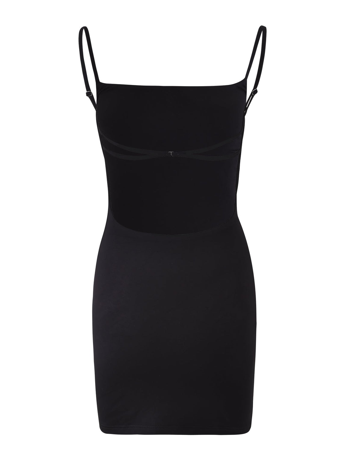 The MINERVA MINI DRESS by TIGERMIST is a fitted black bodycon mini with a straight neckline and thin spaghetti straps, shown sleeveless against a plain white background.