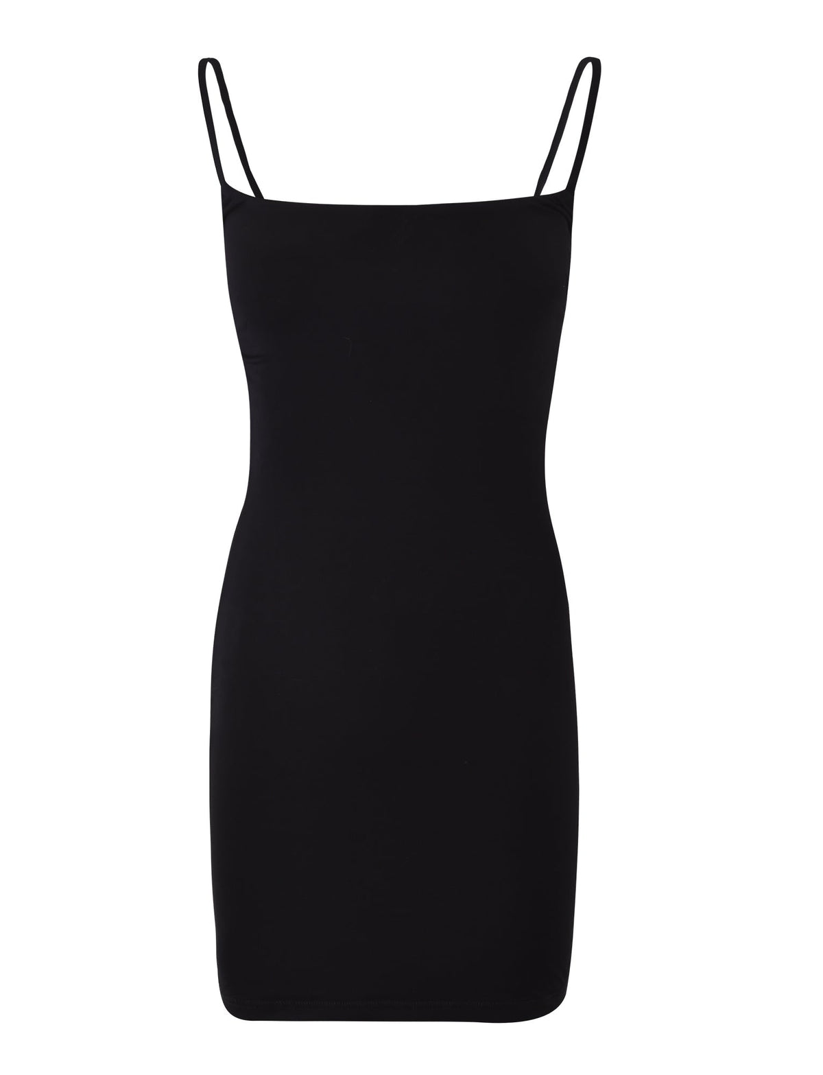 The TIGERMIST MINERVA MINI DRESS in black is a simple, sleeveless bodycon mini dress with thin adjustable spaghetti straps and a straight neckline, displayed against a white background.