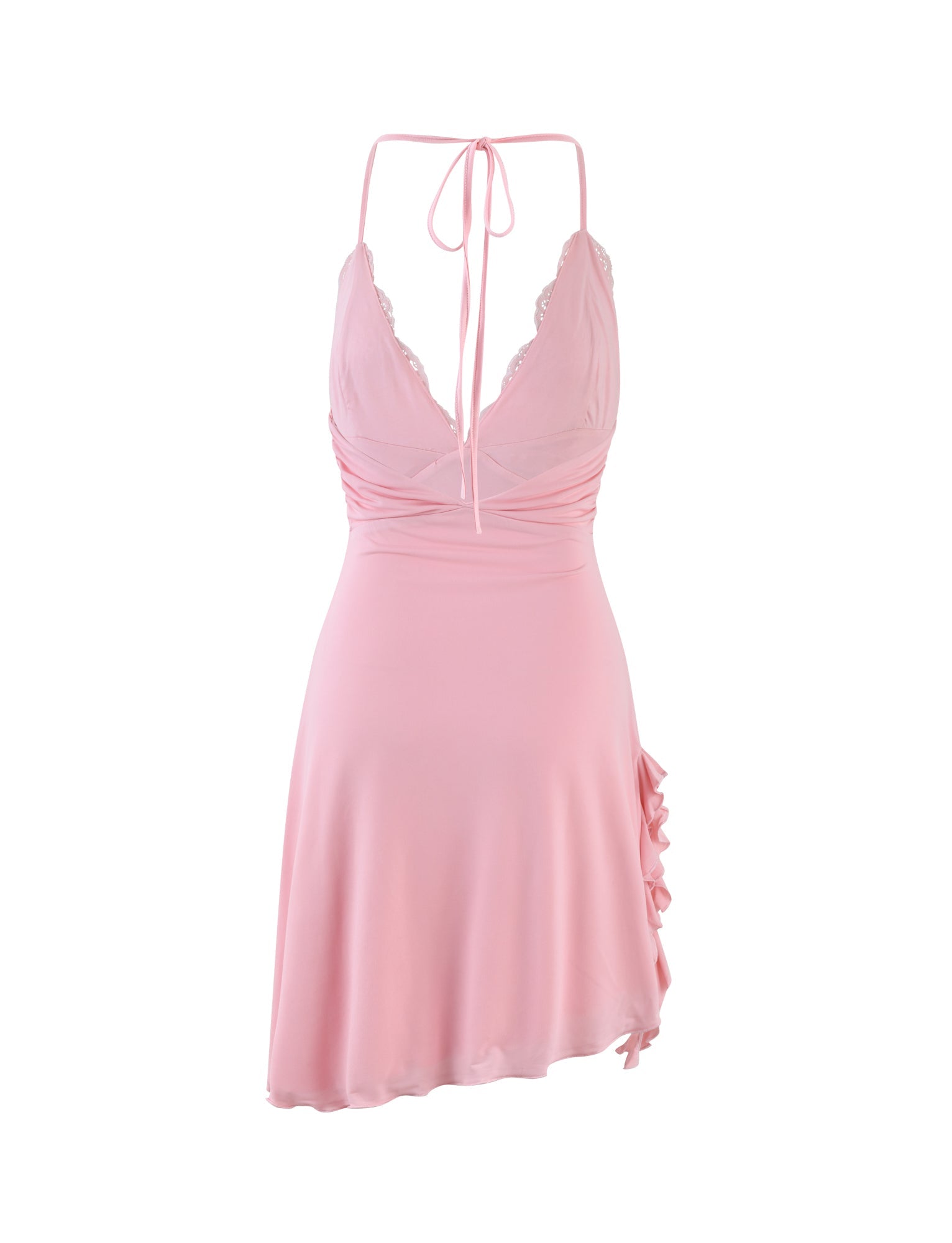 The DEENA DRESS - PINK: BABY PINK from TIGERMIST is a light pink satin slip dress with a deep V-neckline, thin halter straps that tie at the neck, and lace trim along the bust. It features a fitted waist and a short, flowing skirt with ruffle detail on one side, creating an elegant and delicate look.