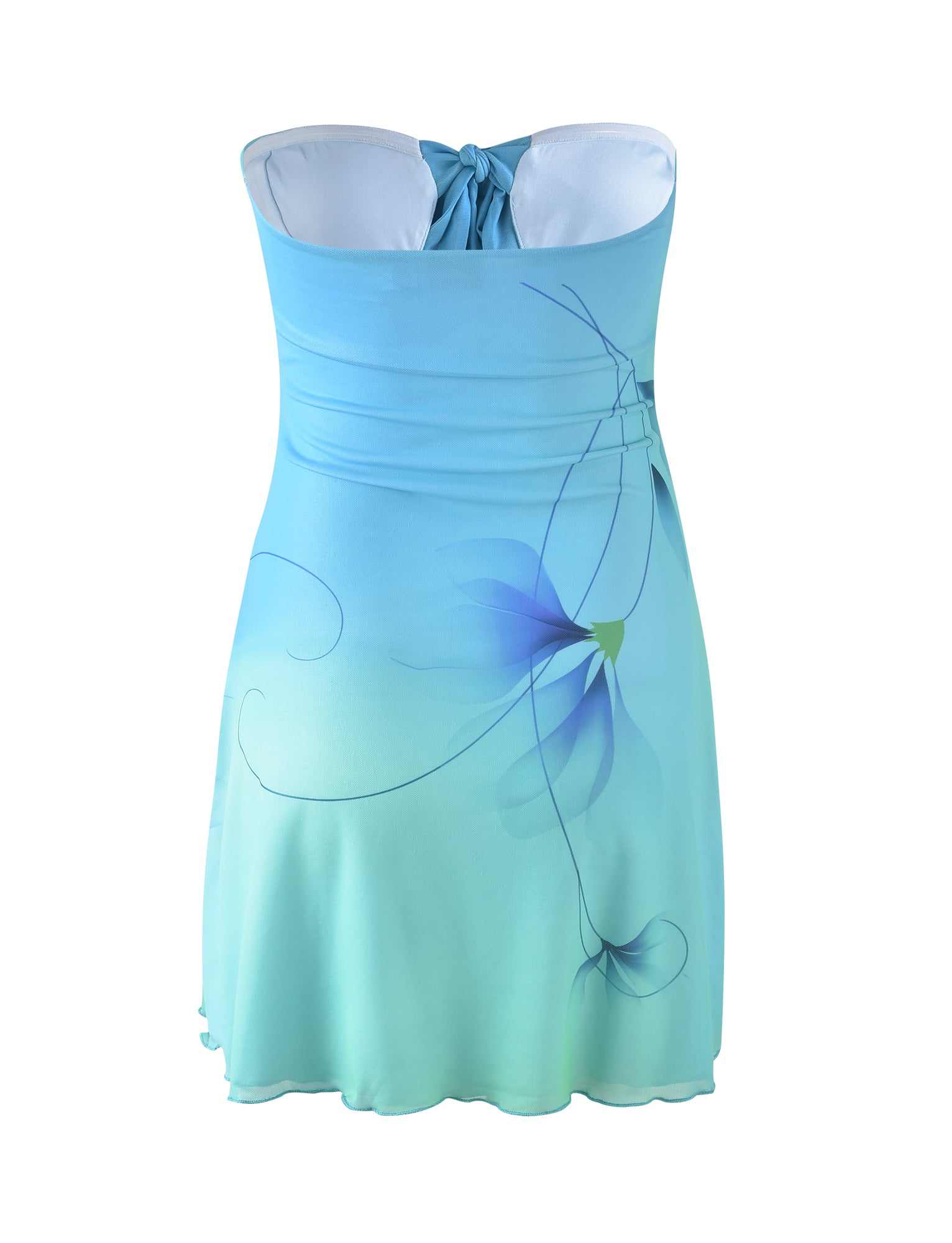 The Soren dress from TIGERMIST, in a gradient mint blue hue, is strapless with an abstract floral design in darker blue and yellow on the front. It features a blue halter tie at the back, a slightly curved hem, and smooth, fitted fabric.