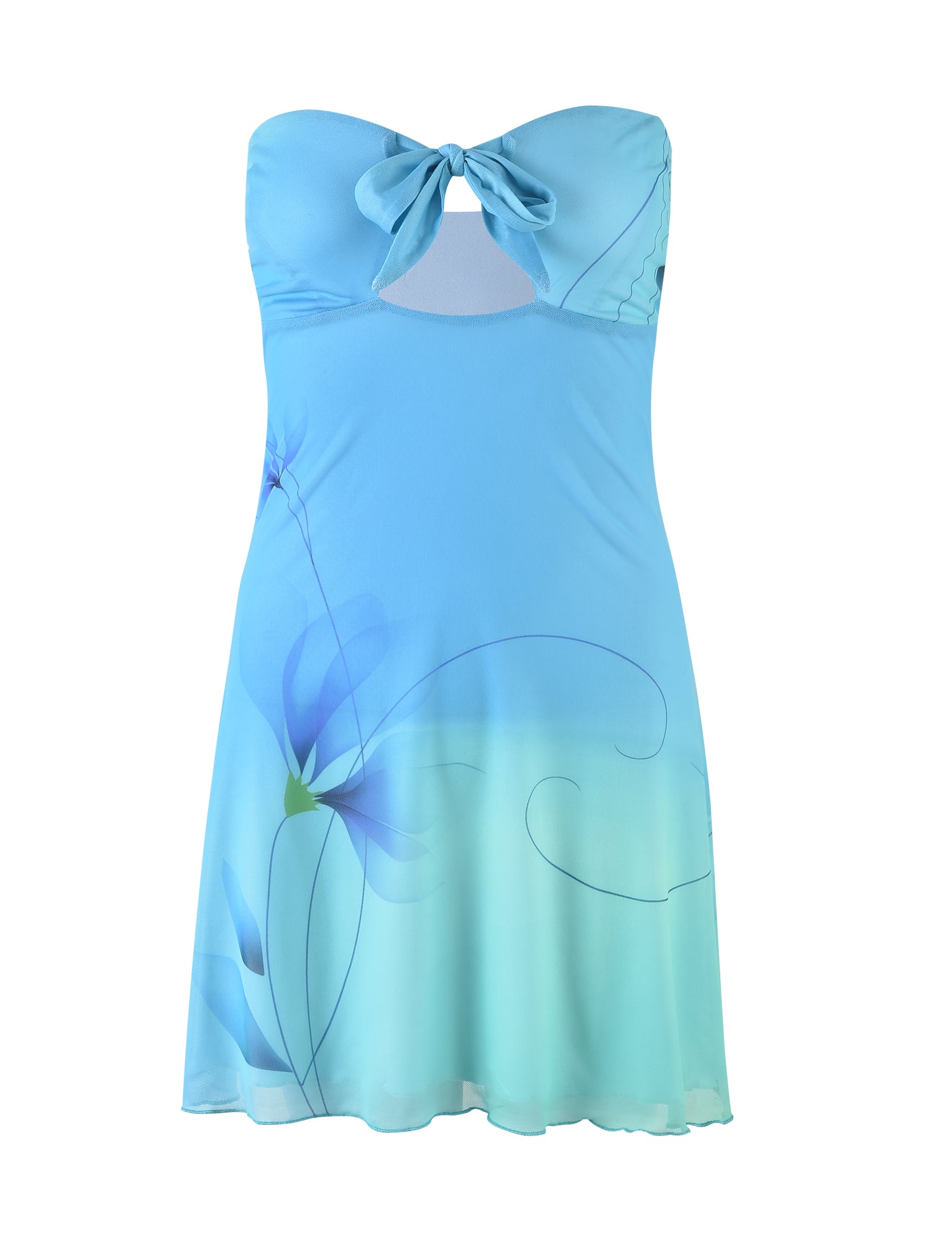 The SOREN DRESS - BLUE from TIGERMIST features a strapless design with a keyhole cutout beneath a bow at the neckline. This gradient dress transitions from light blue at the top to darker blue at the bottom and is accented with delicate floral patterns.